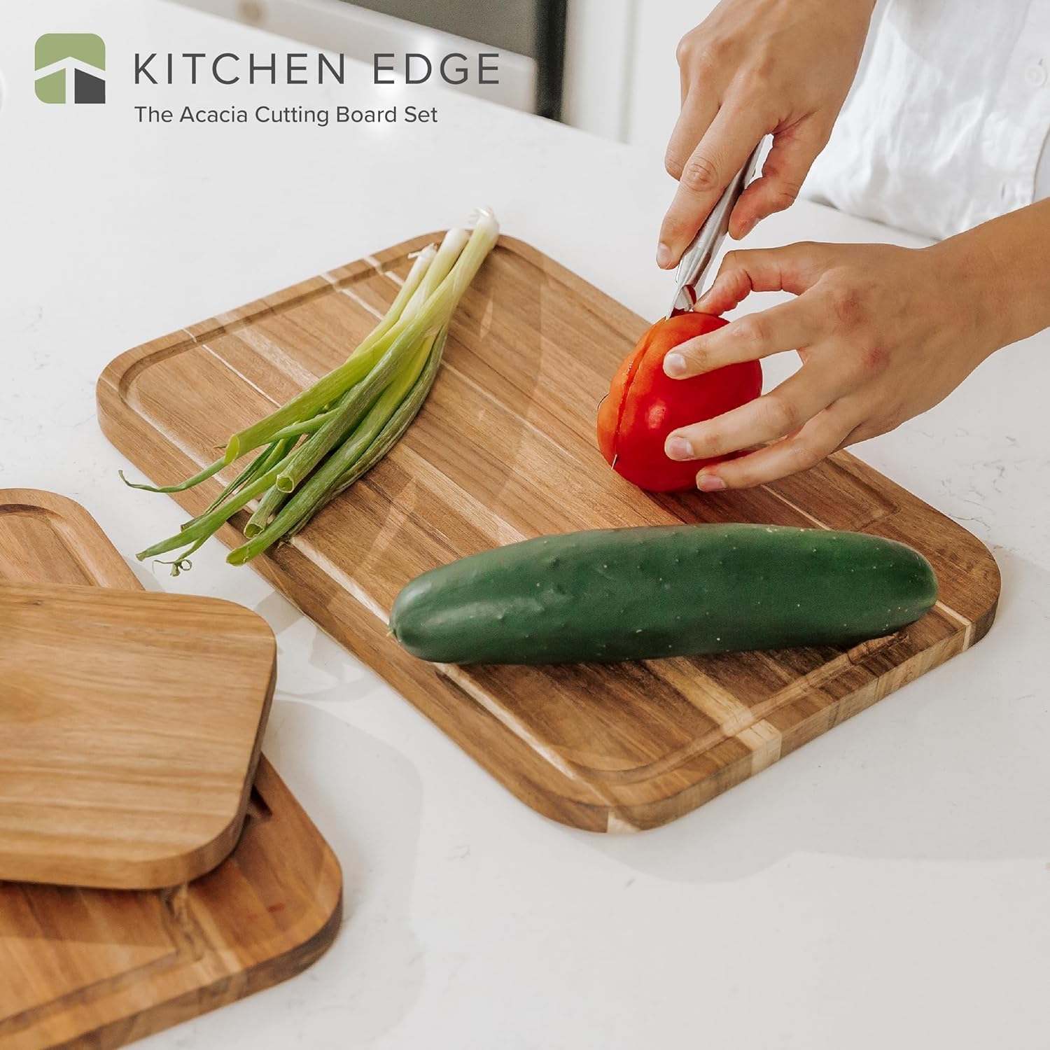 KitchenEdge Premium Acacia Wood Cutting Board Set of 3, Juice Groove and Non-Slip Feet - Image 2