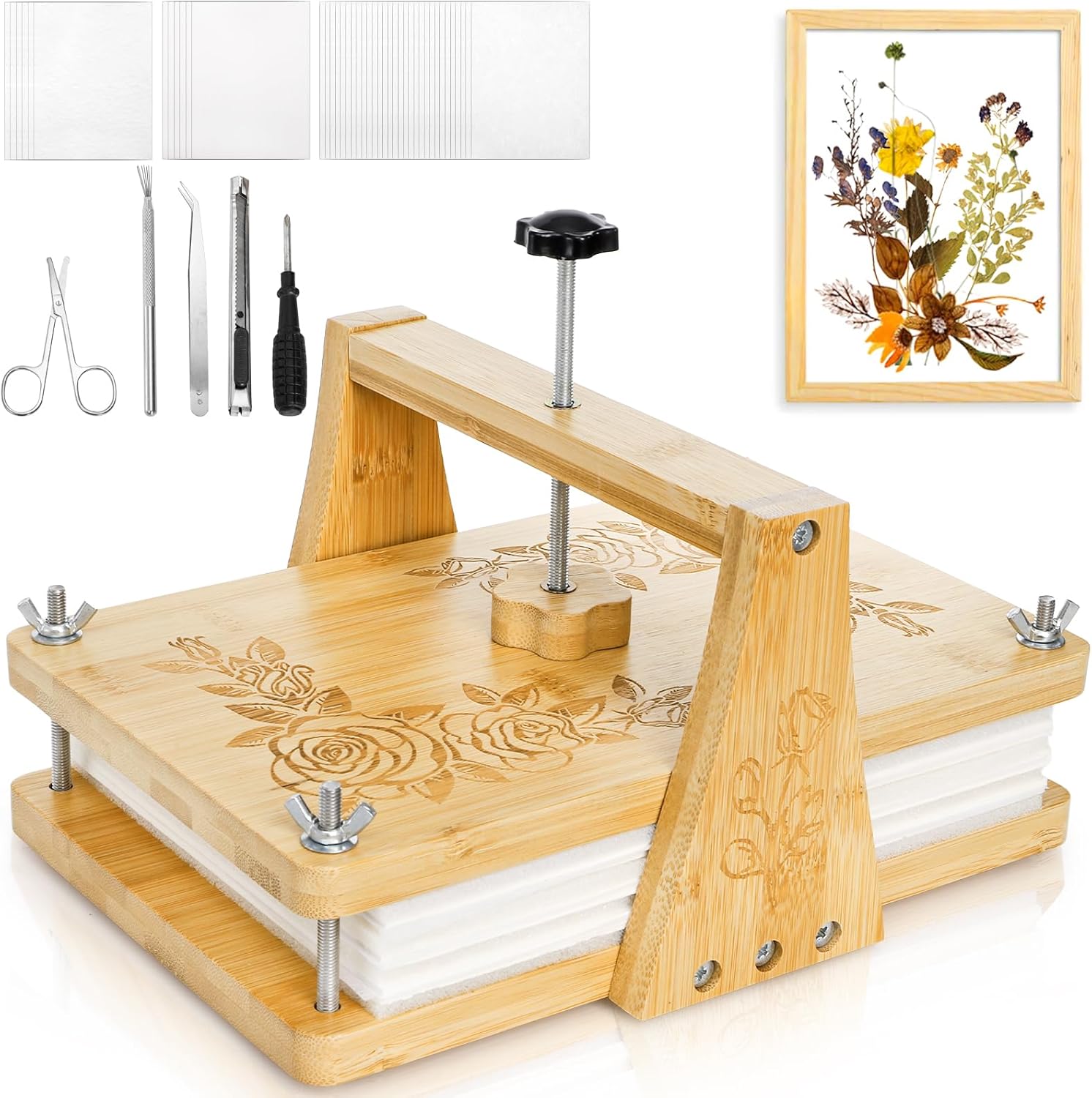 Pumtus Large Flower Press Kit, 6 Layers 11" x 7" Leaf Plant Preservation Kits, Even Pressure DIY Bamboo Floral Pressing Kit, Easy Pressed Arts and Craft Tool for Wedding Flower Preserve, DIY Lovers