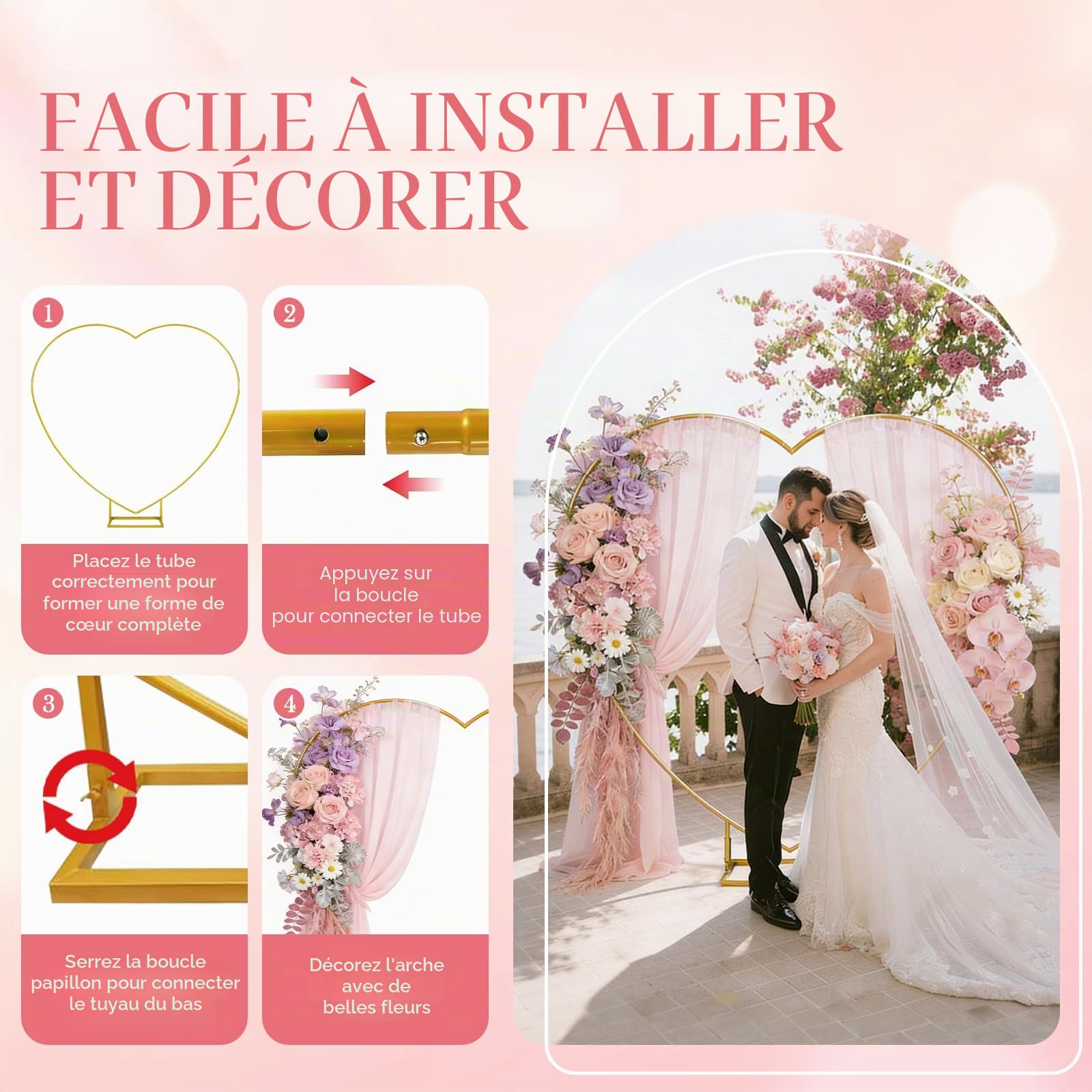Arche de Ballons Cœur 2m x 2m en Métal avec Support, Set d’Arche en Forme de Cœur pour Mariage, Baby Shower, Anniversaire, Fête – Structure Robustes pour Décoration