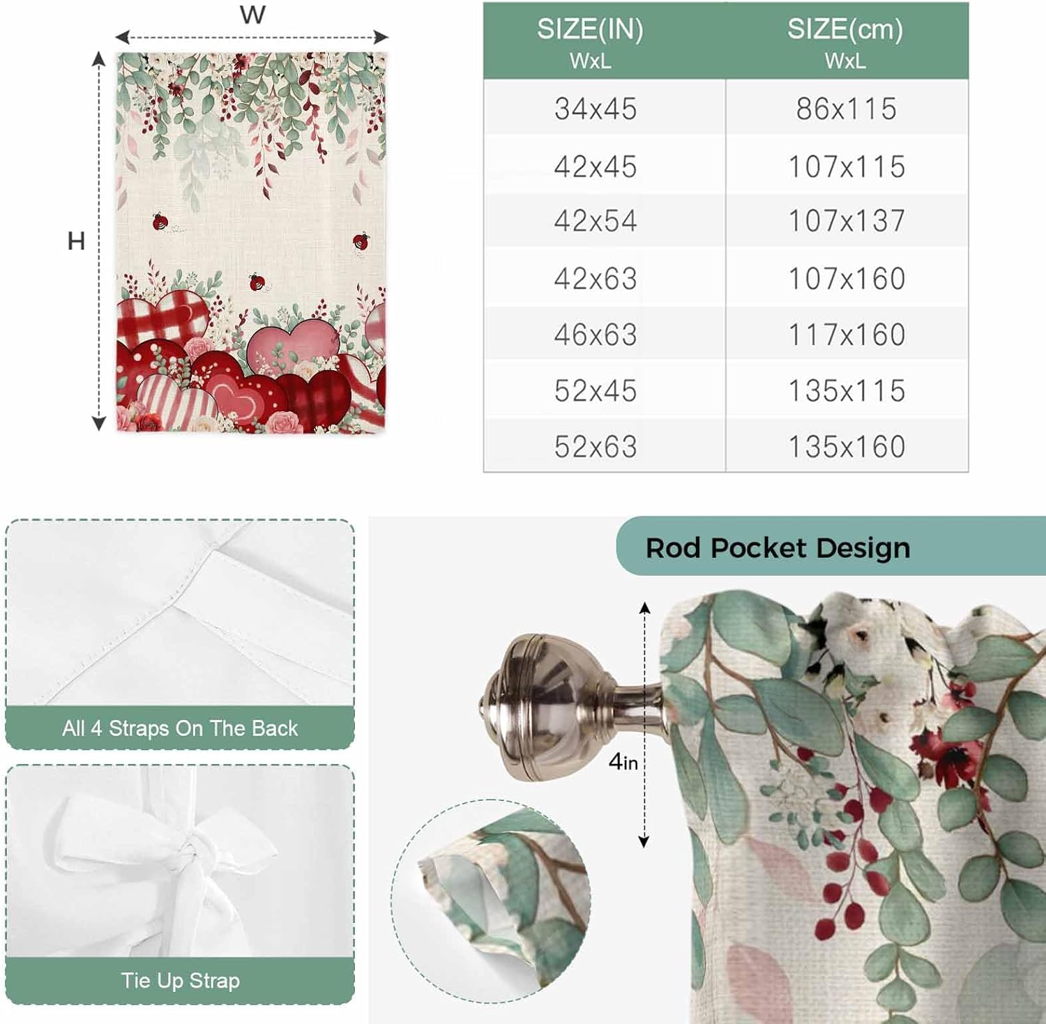 Love Heart Valentines Tie Up Curtains for Window, Rustic Eucalyptus Botanical Red Pink Thermal Insulated Balloon Shade Rod Pocket Curtains Valance Panels for Kitchen Bathroom Café 46'' x 63''