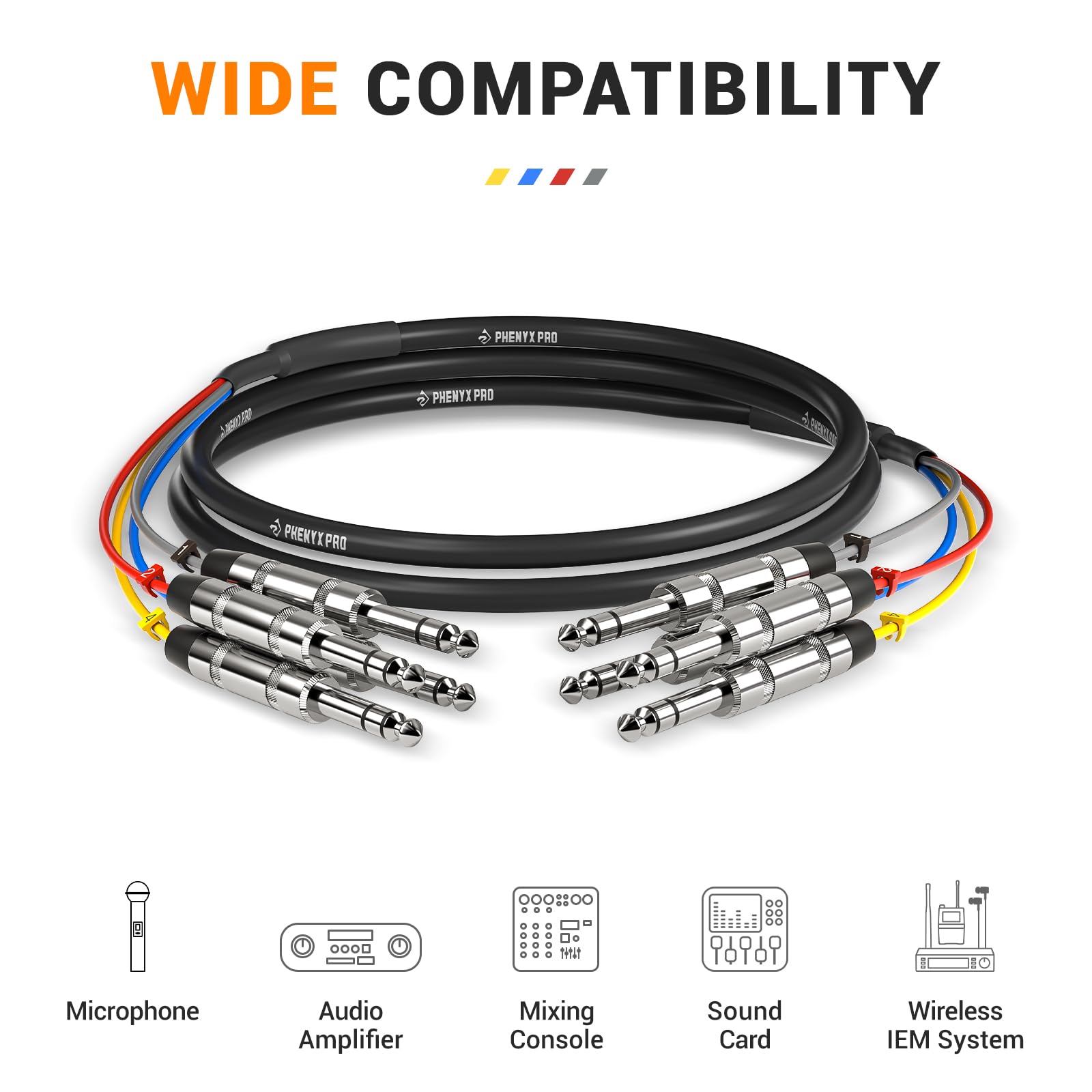 Phenyx Pro Cable TRS de serpiente de 4 canales, parche TRS codificado por colores con cobre OFC de 24 AWG, cable de audio de 6 pies, cable de audio de 1/4 pulgadas, TRS a TRS equilibrado de 1/4