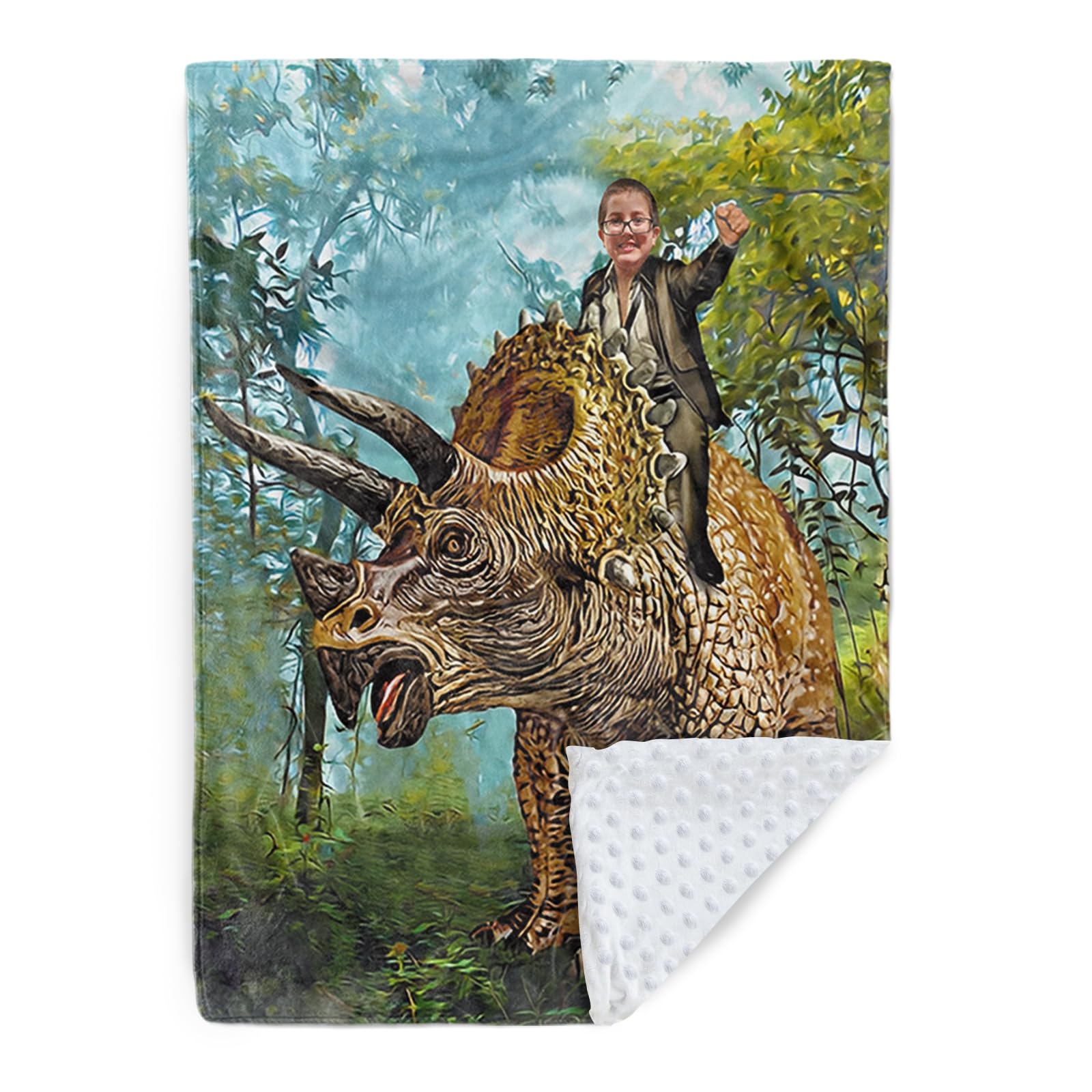 Duckbe Custom Photo Blanket - Dinosaur Designs with Customizable Picture - Soft Flannel Blanket with Double Layer Dotted Backing for Baby Toddler Kids Teen Boys Girls Adults Gifts Triceratops02