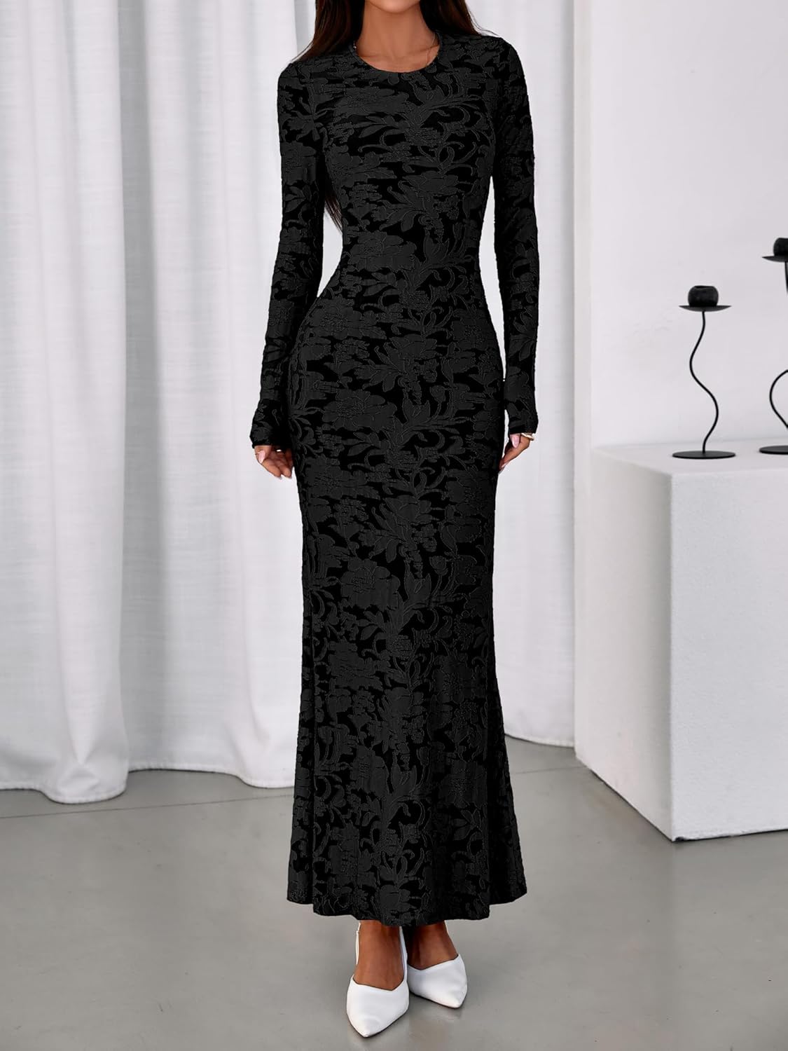 BTFBM Wedding Guest Dresses for Women 2026 Spring Elegant Floral Lace Ruched Long Sleeve Bodycon Cocktail Party Maxi Dress - Image 8