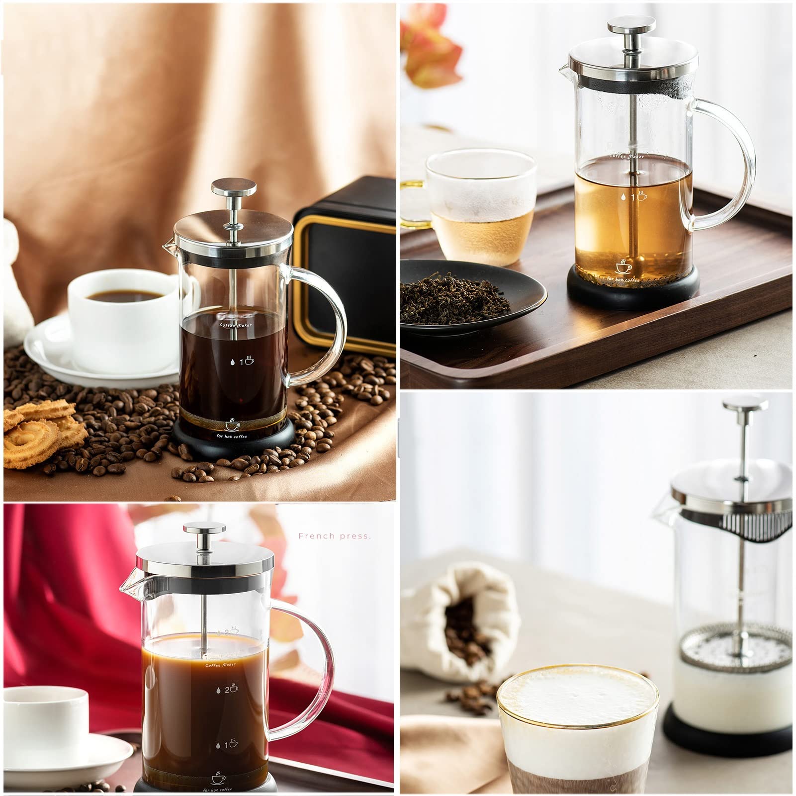 Caffettiere A Pistone, Caffettiera Francese in Vetro Borosilicato Addensato Resistente al Calore, Espresso E Teiera con Filtri Tripli E Stantuffo in Acciaio Inossidabile, per Regali da Viaggio Campeg
