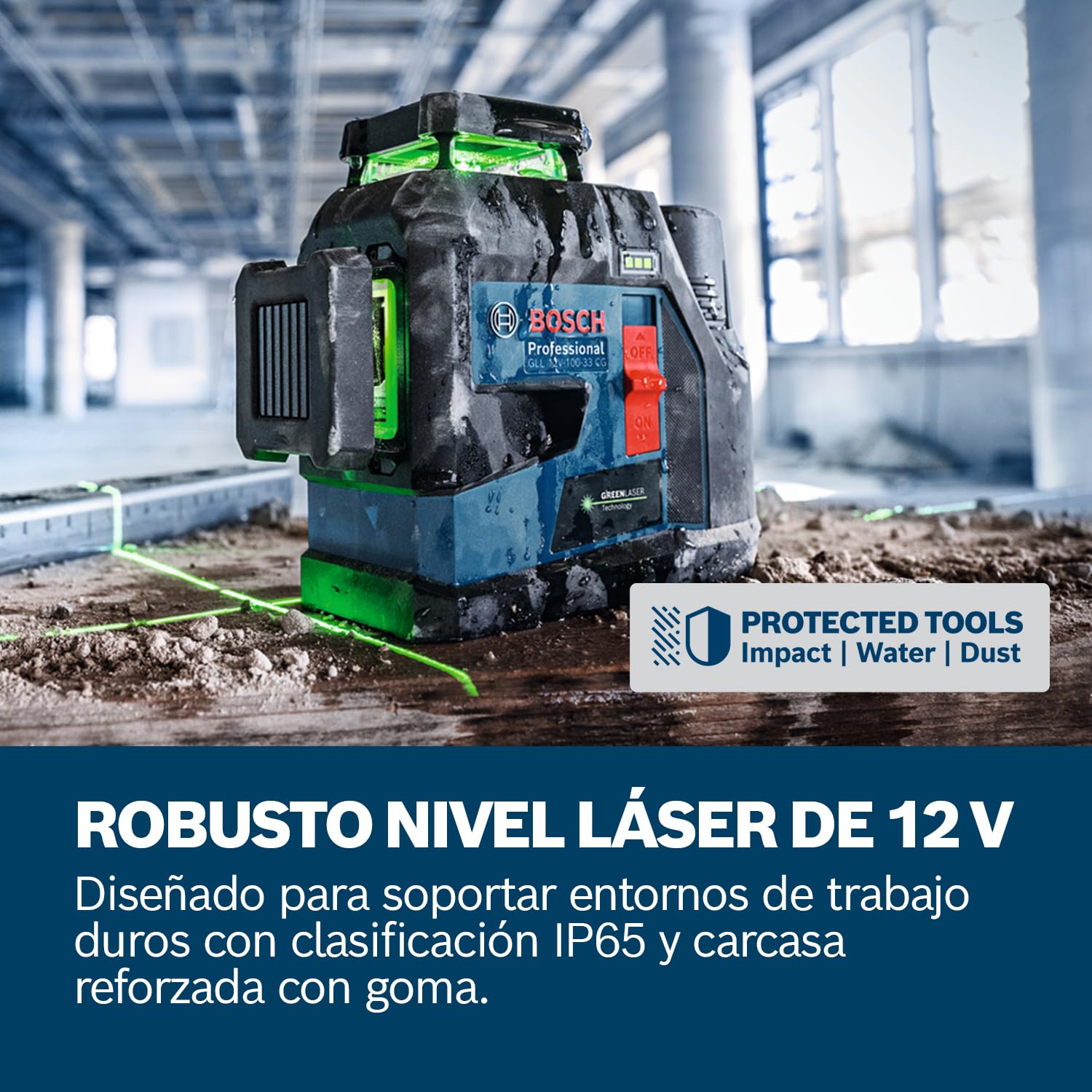 Nivel láser GLL 12V-100-33 CG de Bosch Professional (3 láseres verdes de 360°, 100 m de alcance (radio) con receptor, IP 65, Levelling Remote, LB 10, DK 20, GBA 12V 2.0Ah, GAL 12V-40, funda, L-Boxx)