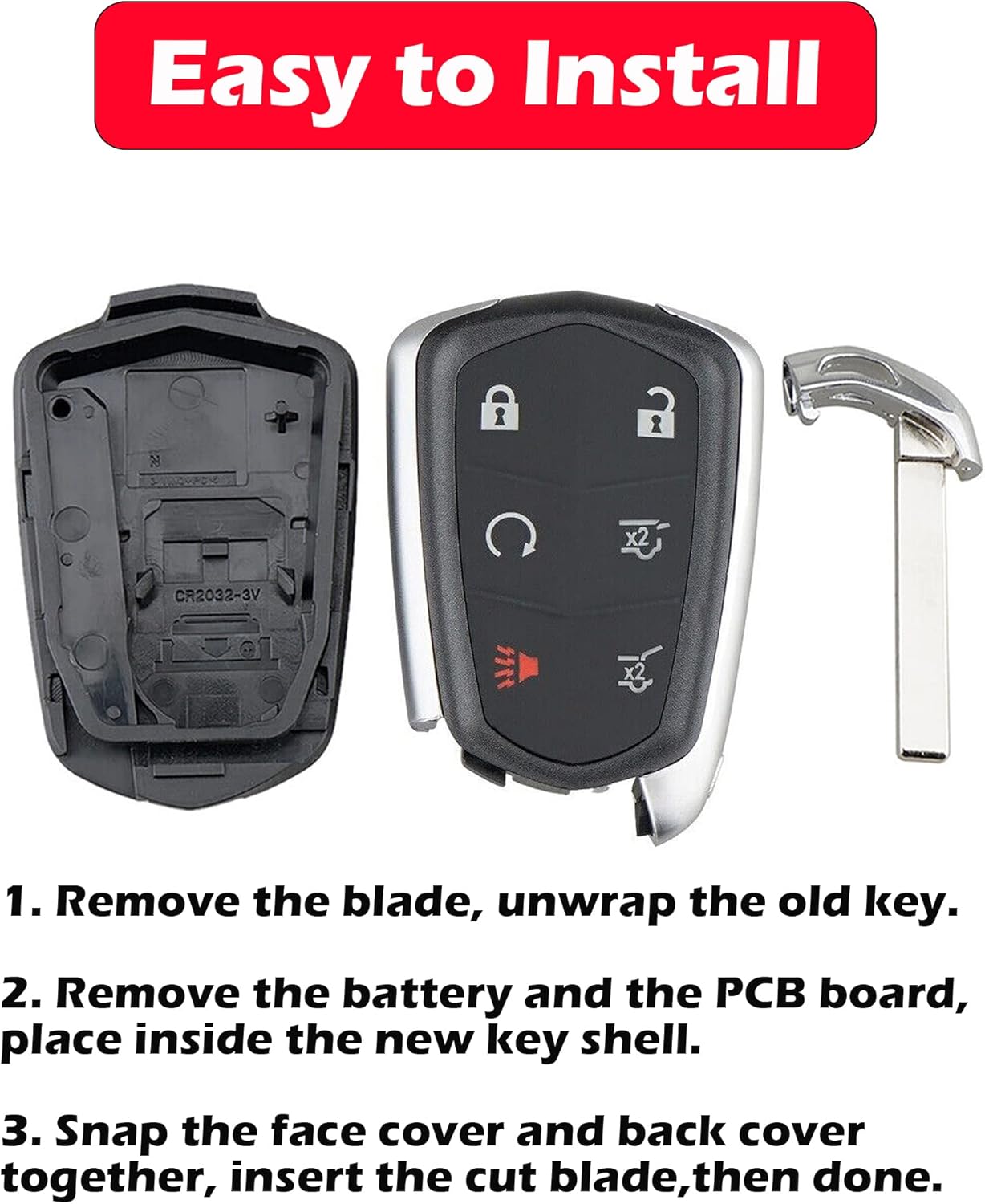 Key Fob Shell for Cadillac Escalade 2016-2020, Alliskeys 6-Button Smart Key Case Cover Replacement for Cadillac HYQ2AB/HYQ2EB