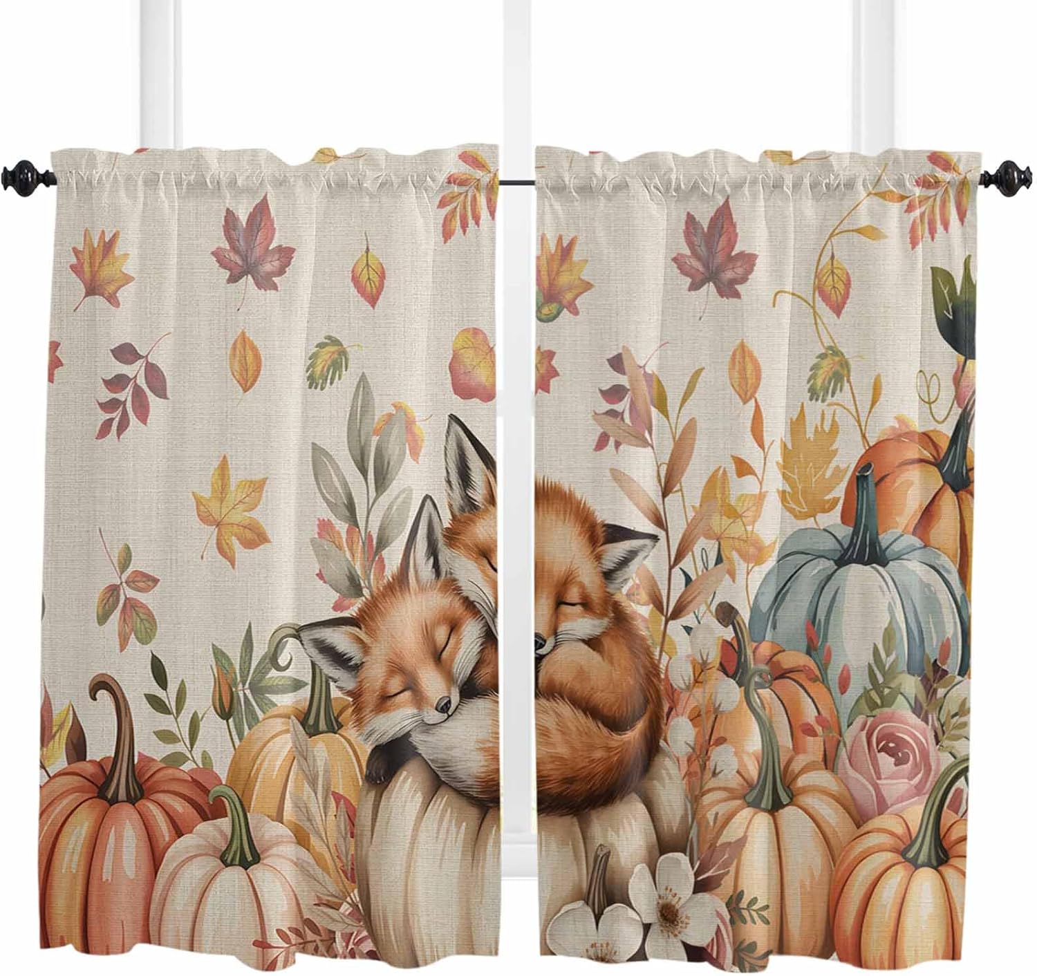 Orange Brown Fox Fall Kitchen Curtains, Pumpkins Thanksgiving Botanical Rustic Light Filtering Window Curtain, 2Pcs Rod Pocket Window Treatments Set for Living Room Bathroom Bedroom 52x72 Inches