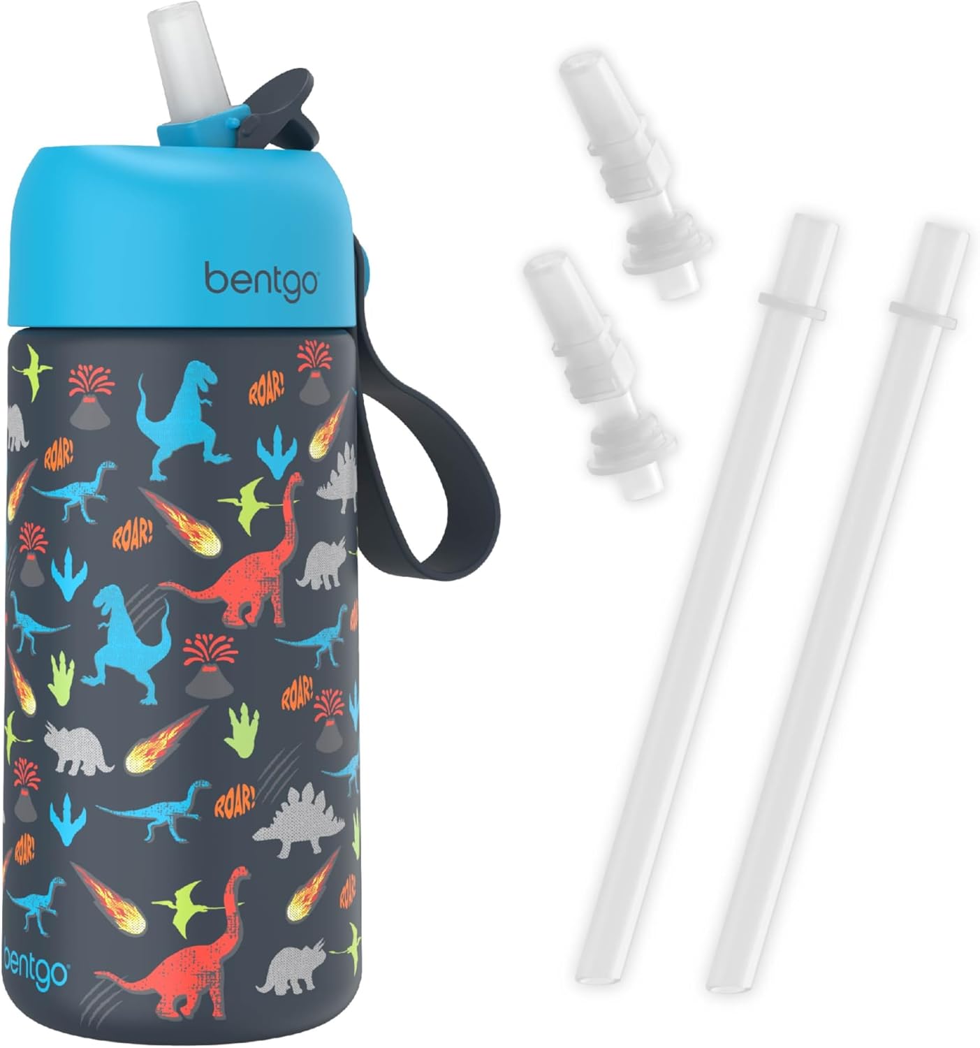 Bentgo Kids Stainless Steel Water Bottle and Replacement Straws Set (Dinosaur)