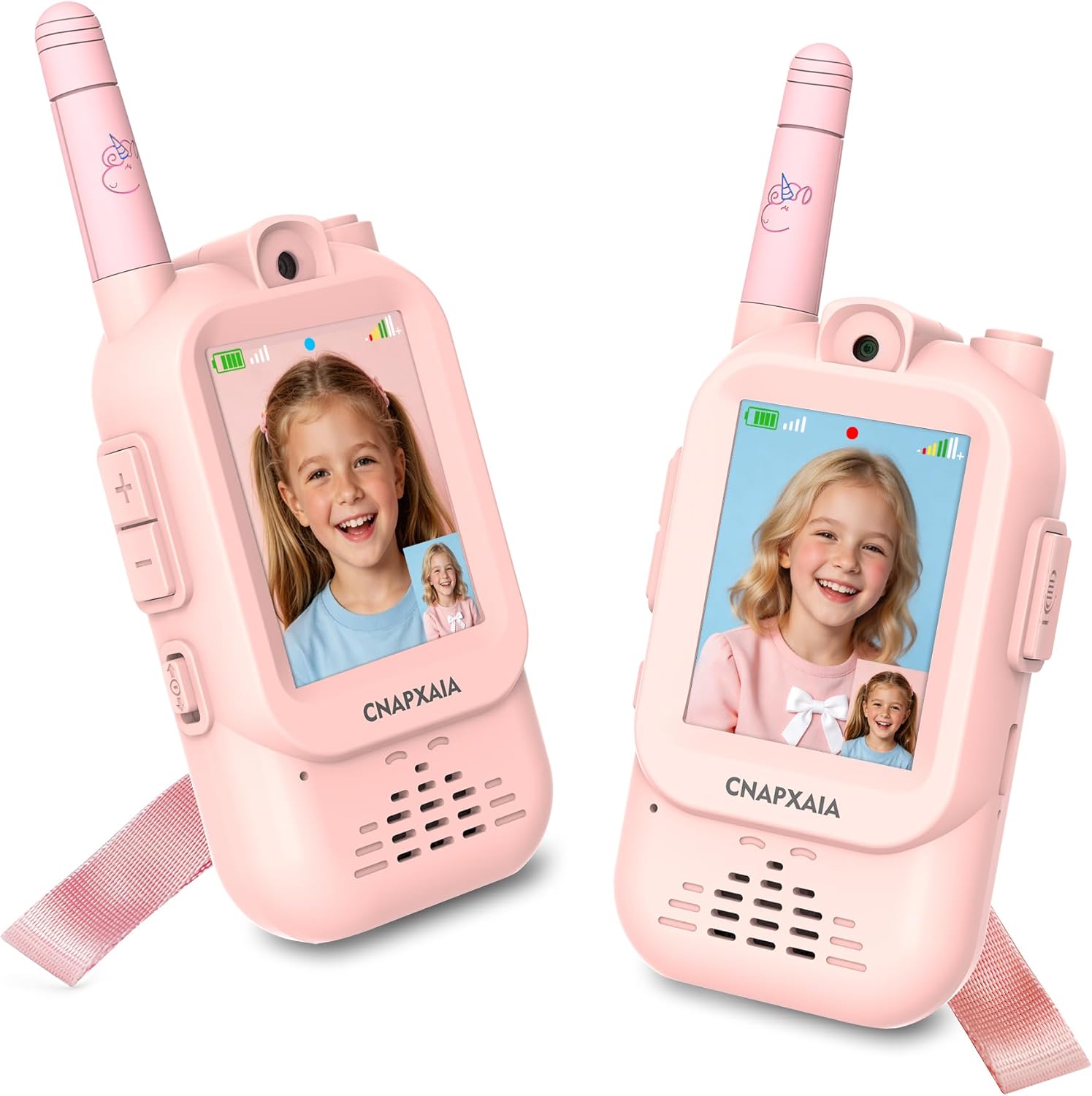 Kids Walkie Talkies Rechargeable, 2 Pack Real-time Video Chat Interactive Toy with Camera, Emoji & Selfie, Sticker & Voice Changer, Birthday Gift for Girls Age 3-9 (Pink/Pink)