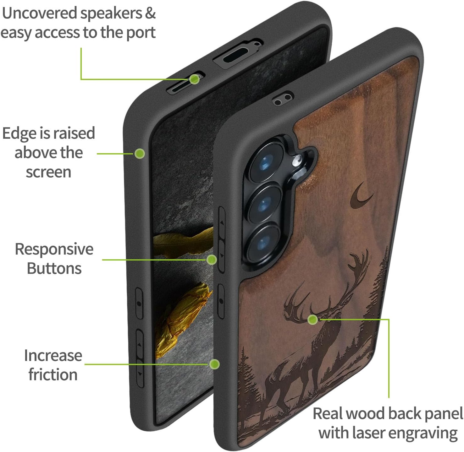 Carveit Wood Case for Galaxy S24 Plus Case [Natural Wood & Black Soft TPU] Shockproof Protective Cover Unique Wooden Design Compatible with S24 Plus (Lunar Majesty Stag-Walnut)