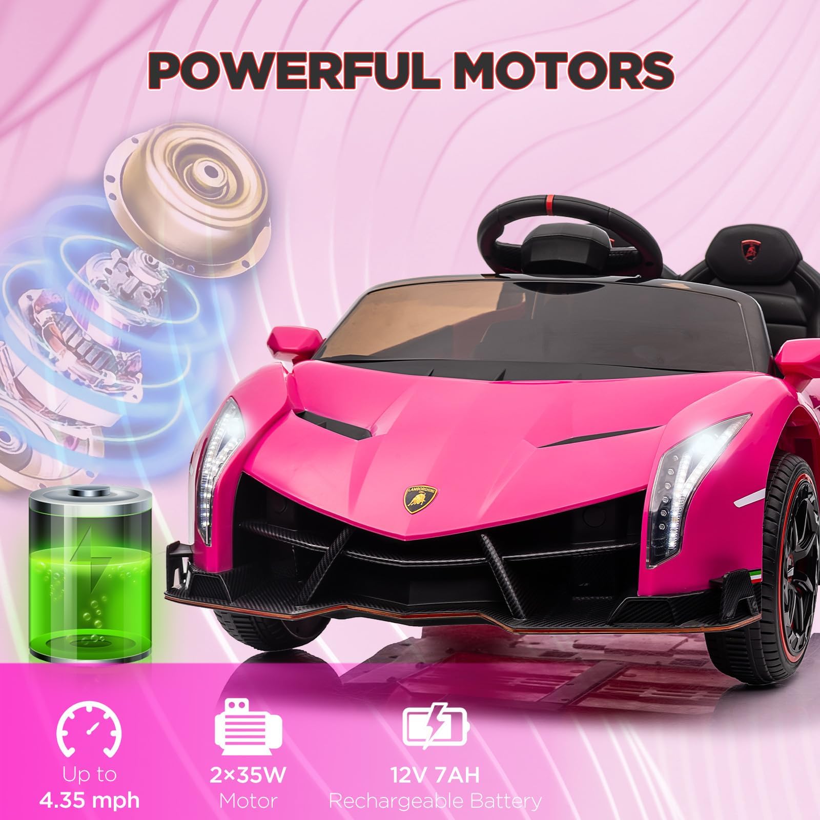 Lizenziertes Lamborghini Kinder Elektroauto 12V – 2 Motoren, Fernbedienung, Scherentüren, LED-Licht, breiter Sitz, MP3, USB, Drahtlos, Hupe, 3 Geschwindigkeiten – Sicheres Kinderfahrzeug ab