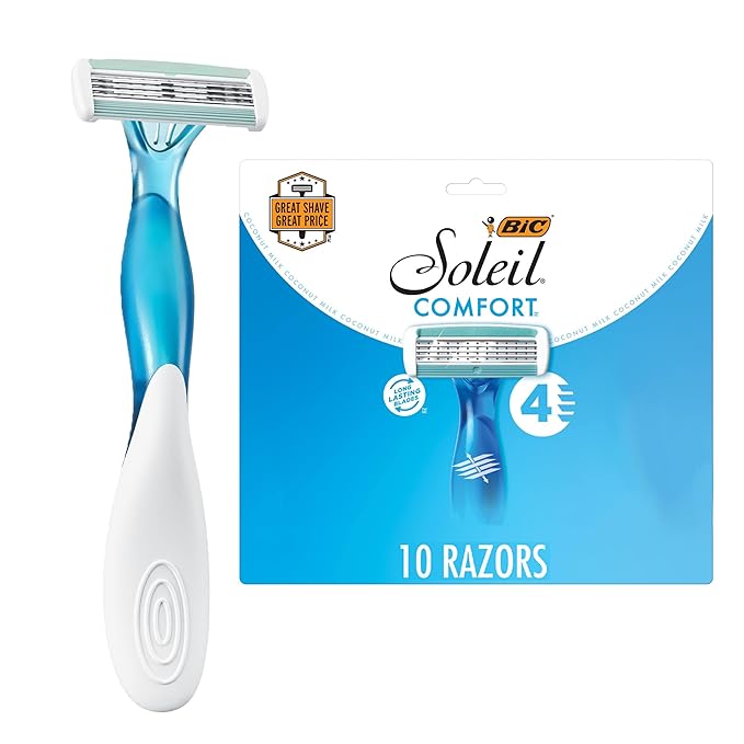 BIC Soleil Comfort Disposable Razors for Women, Sensitive Skin Razor with Aloe Vera and Vitamin E Lubricating Strip and 4 Blades, 10 Piece Razor Set