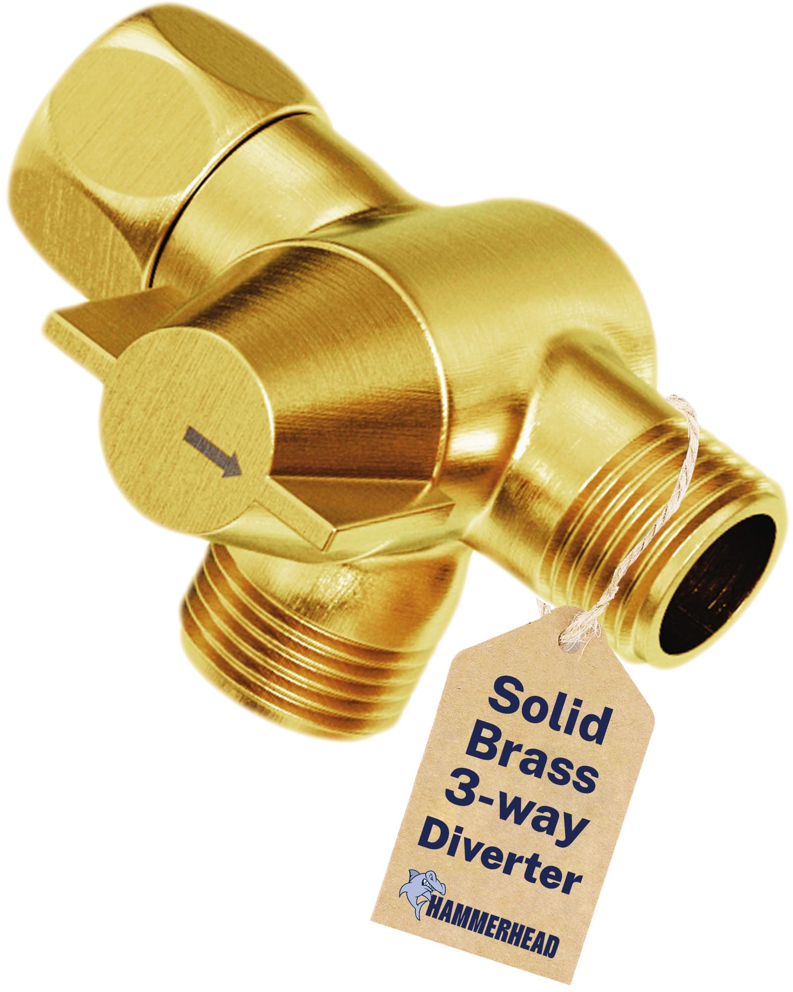 HammerHead Showers® Solid Metal 3 Way Shower Diverter Valve - Shower Arm Diverter Connects Fixed and Hand Held to Shower Arm - Shower Diverter for Dual Shower Head - Shower Splitter - Brushed Gold