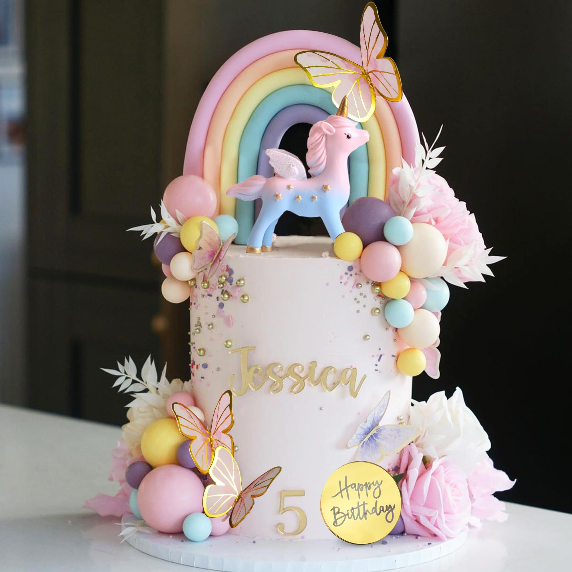 47 PCS Unicorn Cake Topper Unicorn Rainbow Cake Decorations with Rainbow Butterflies Unicorn Balls Happy Birthday Cake Decorations (Style 2)