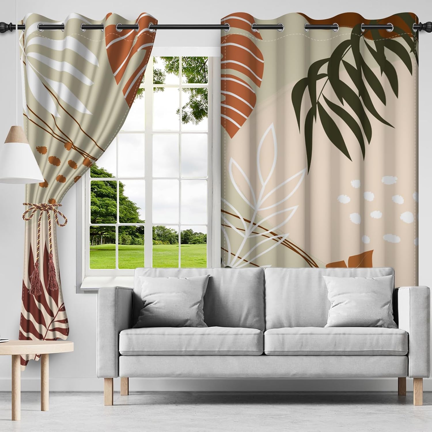 21x45inch Bohemian Tropical Palm Leaf Blackout Curtains for Bedroom, Minimalist Tropical Leaf Pattern with Geometric Design Room Darkening Curtains with Light Brown Window Drapes,2 Panels