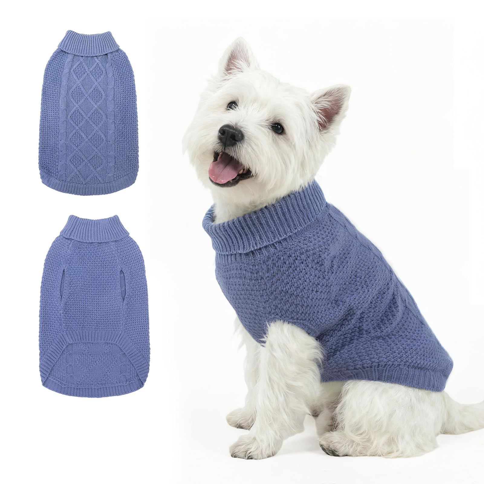 Mihachi Turtleneck Dog Sweater - Winter Coat Apparel Classic Cable Knit Clothes with Leash Hole for Cold Weather, Ideal Gift for Pet in New Year Grayish Blue XS