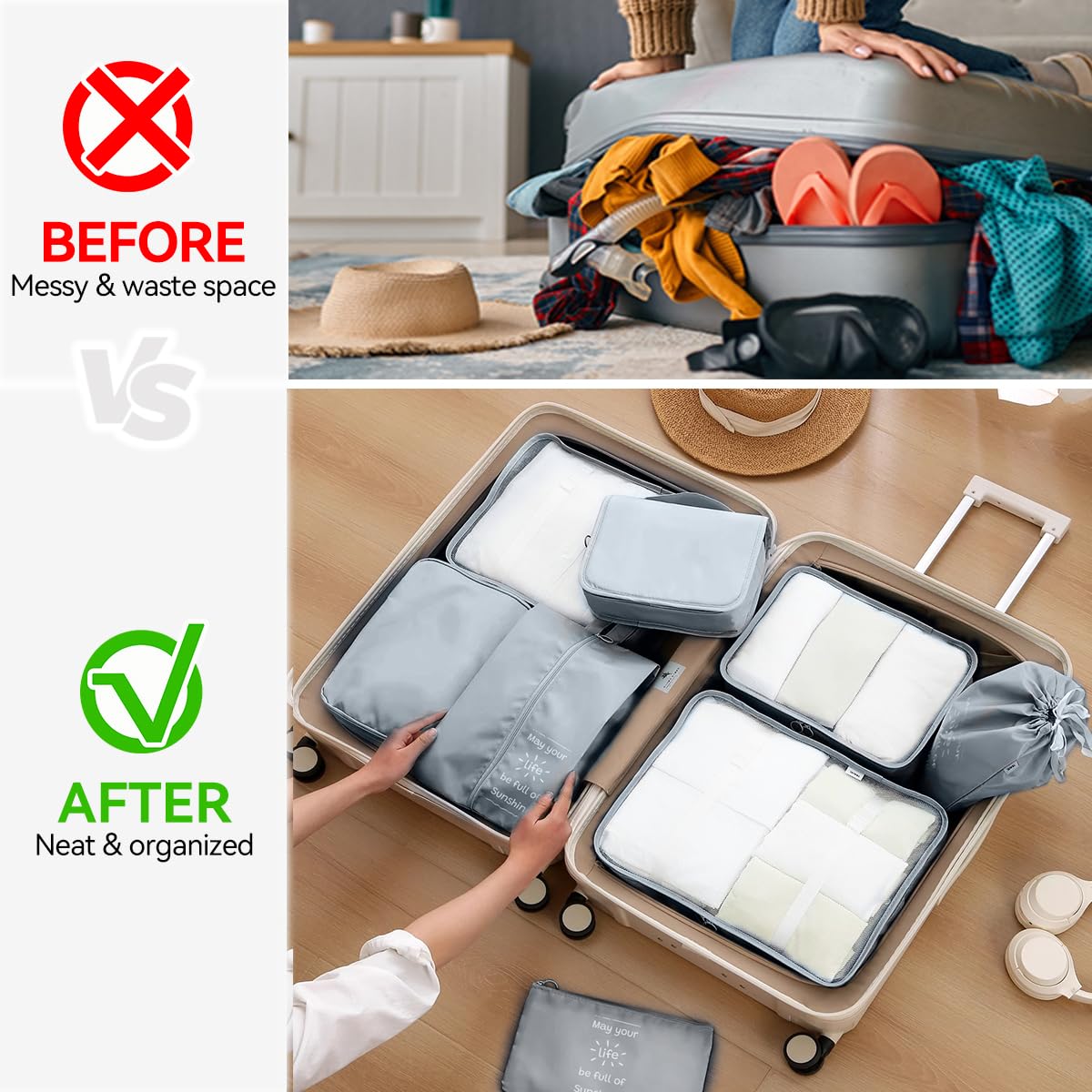 Shadcoler Organizer Valigia, 8 Pezzi Organizer Valigia Salvaspazio, Organizer Viaggio, Packing Cubes per Cosmetici, Abbigliamento Intimo, Vestiti, Borse, Scarpe, Viaggio Accessori Utili (Grigio)