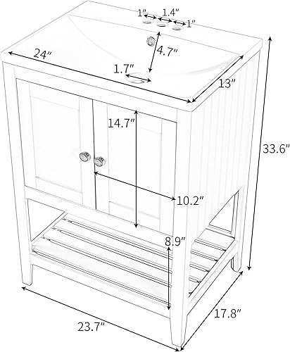Miniatura 2 de Recaceik Tocador y fregadero de baño de 24 pulgadas juego de lavabo de madera con puertas y estante abierto armario de almacenamiento independiente