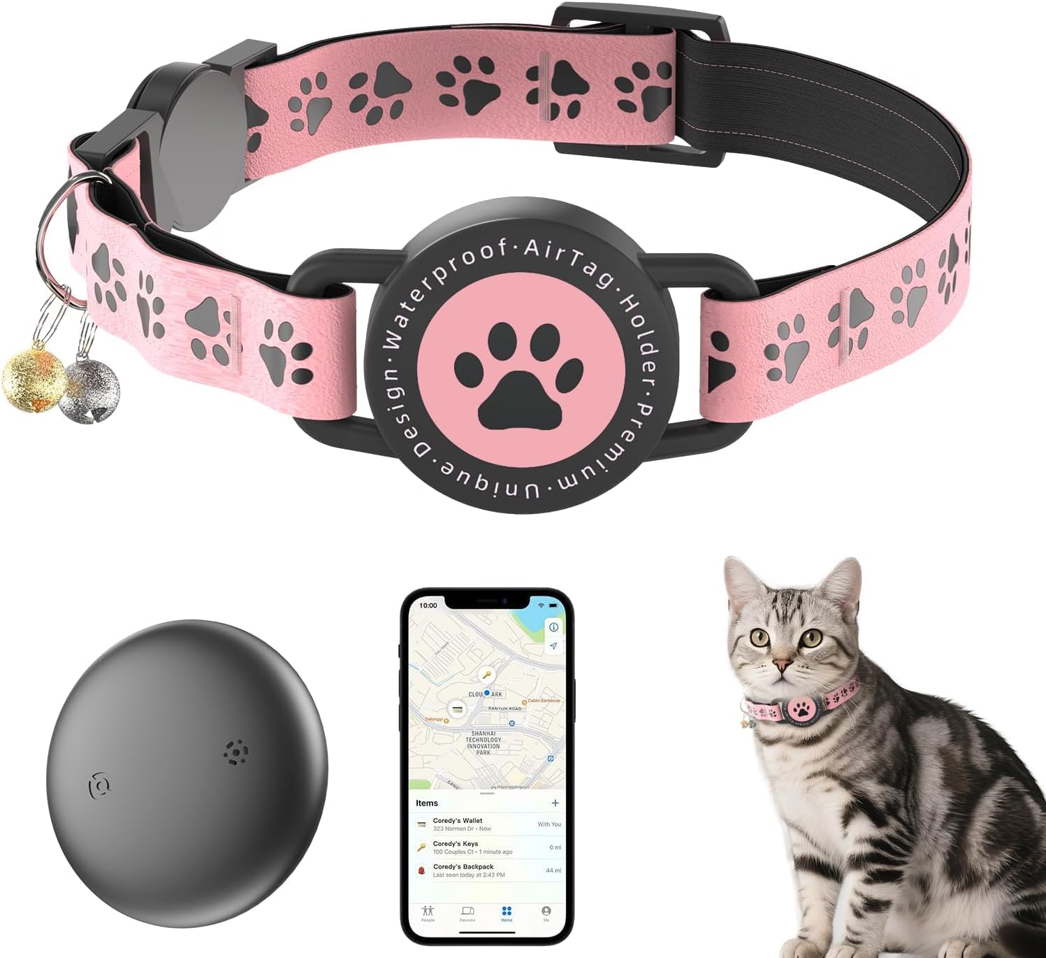 (Pink) GPS Tracker for Cats, Waterproof GPS Cat Trackers Cats Collar with Bells, No Subscription, GPS Cat Collar, Adapt with Apple Find My (iOS Only) Finder Tag for Vehicles, Pets, Kids