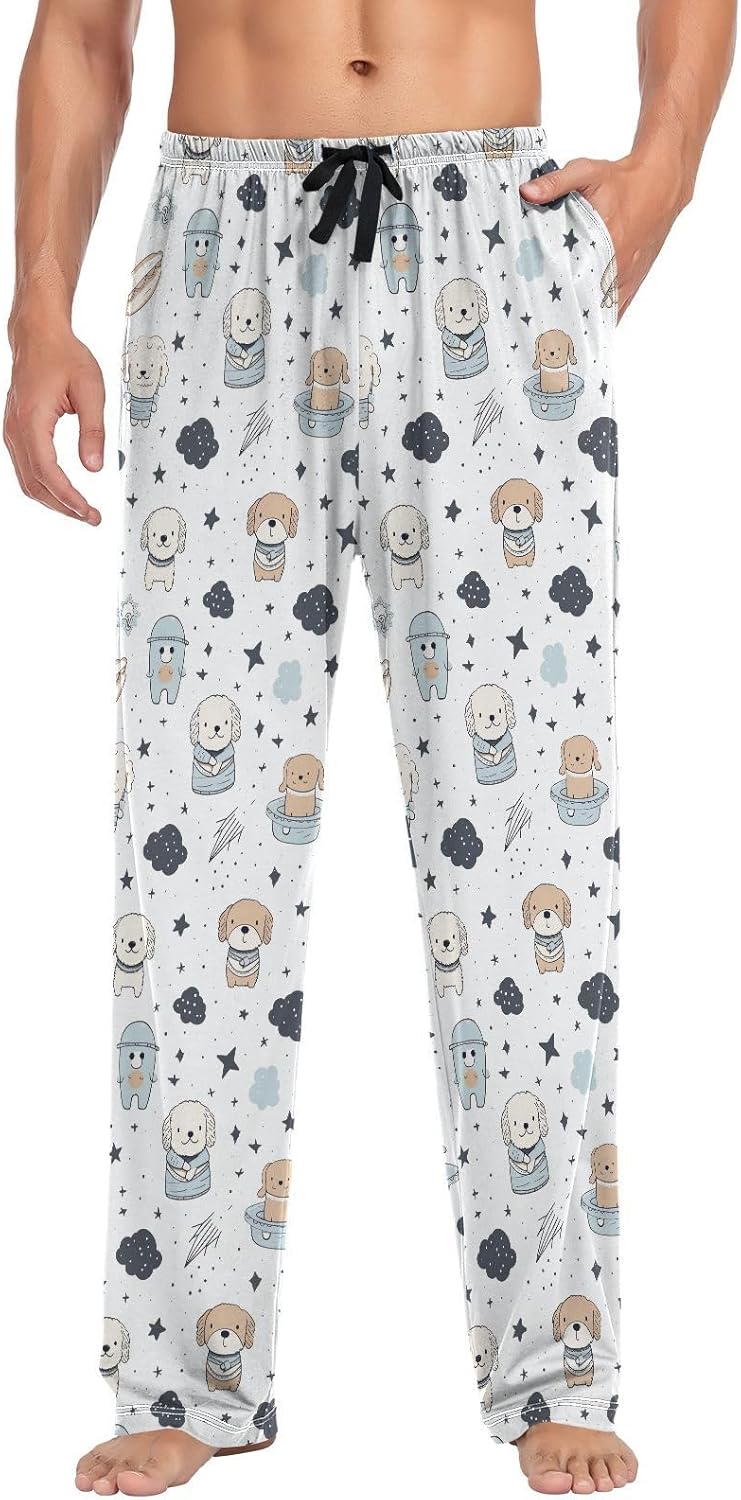ALAZA Cute Puppy Dog Stars Space Men's Sleepwear Mens Pajama Pants Bottoms with Pockets, S