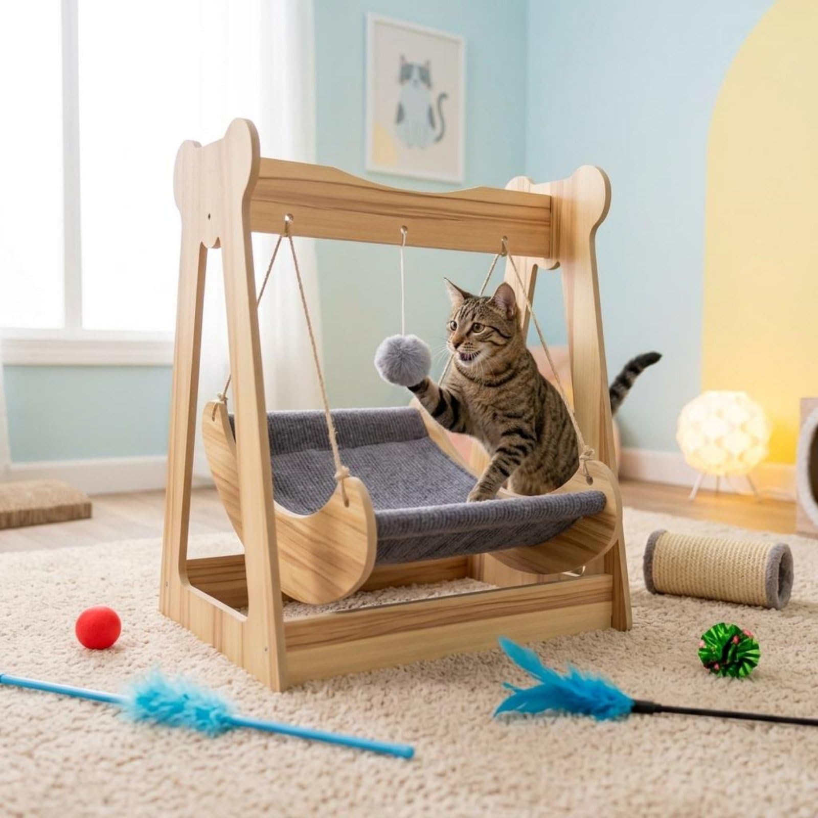 Amaca Gatta Appesa Design Boho Lettino Sospeso Struttura Stabile per Gatti, Gattini, Soggiorno, Camera