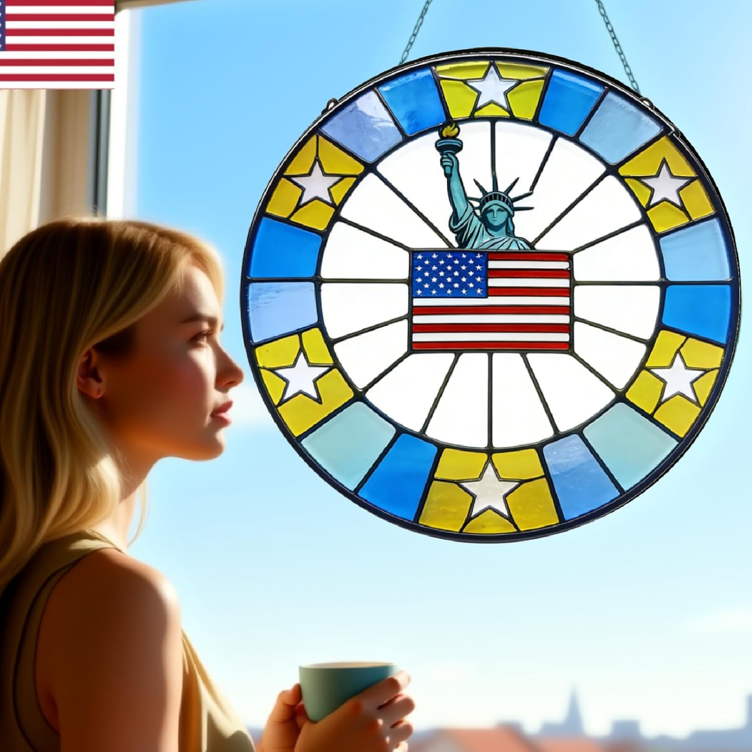 Stained Glass Sun Catcher for Windows Hanging 8IN American Flag & Statue of Liberty Suncatcher, Handmade Stained Glass Sun Catchers for 4th of July Window Glass Decoration, Indoor Outdoor Home Decor