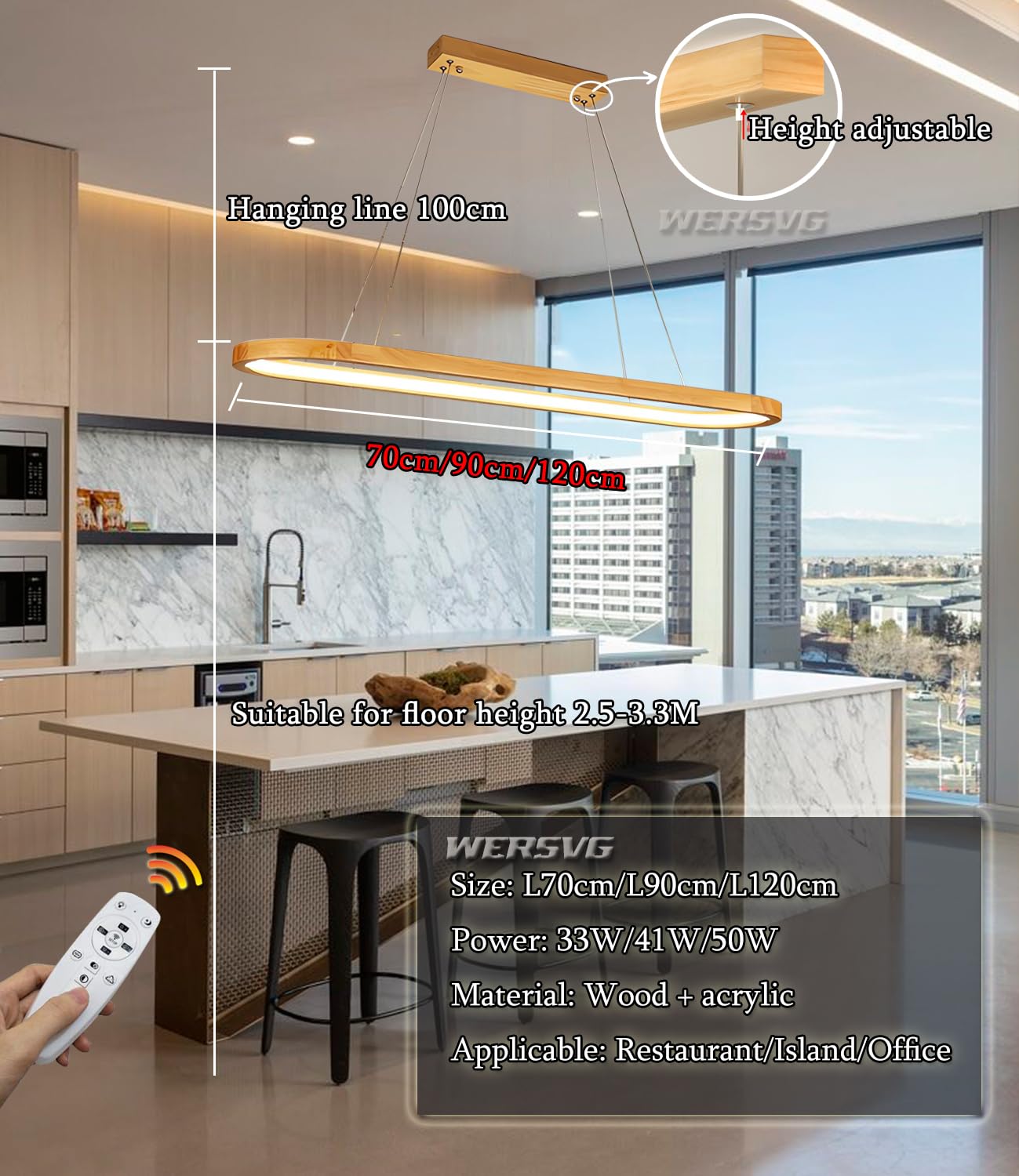 Lámpara colgante Moderna de Madera regulable con Control remoto, 150 cm, nogal, para Mesa de comedor y oficina, lámpara colgante de Madera Natural.