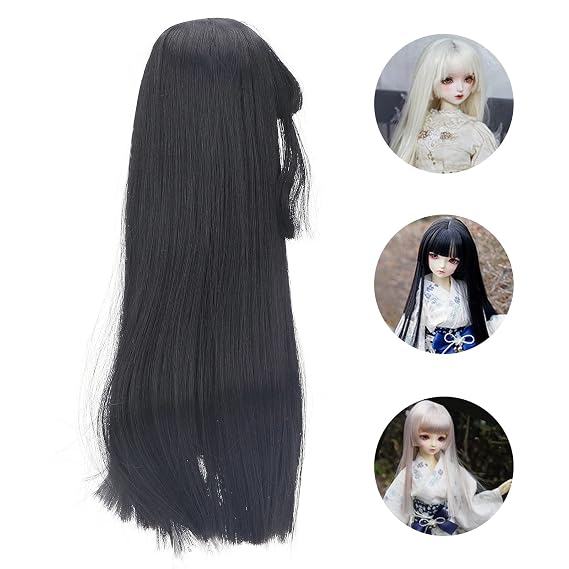 Jeanoko Long Black Straight Wig, 1/3 Doll Wig, Heat Resistant Fiber, 8 to 9 Inch, Bangs, 21 to 24cm Head Circumference
