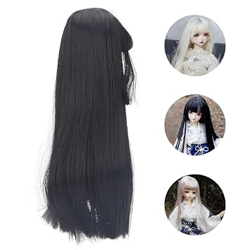 Jeanoko Long Black Straight Wig, 1/3 Doll Wig, Heat Resistant Fiber, 8 to 9 Inch, Bangs, 21 to 24cm Head Circumference
