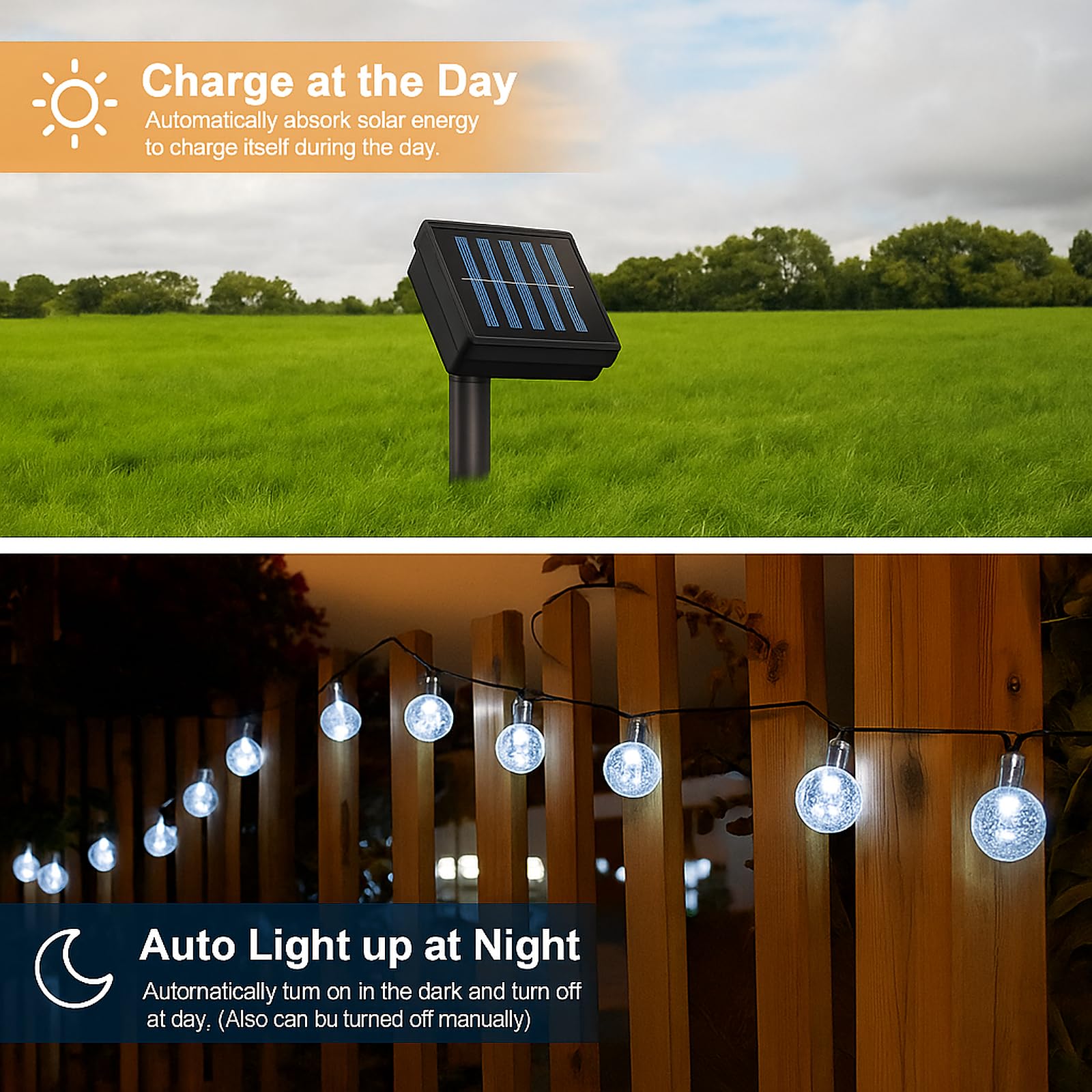 ANSGEC Catena Luminosa Esterno Solare, 8M 50 LEDs Luci USB Ricaricabile 8 Modalità, Impermeabile IP65 Natale per Giardino, Patio, Recinzione, Festa