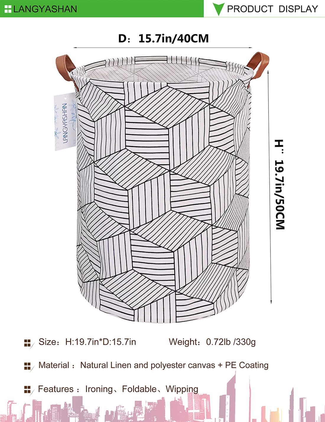 LANGYASHAN Laundry Basket Canvas Fabric Collapsible Organizer Basket for Storage Bin Toy Bins Gift Baskets Bedroom Clothes Children Nursery Hamper (White Diamond)
