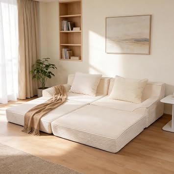 Cloud Modular Floor Boneless Sofa Bed, 81" Corduroy Convertible Loveseat Sleeper, No-Assembly Memory Foam Couch, Washable Cover & Non-Slip Bottom, Ideal for Small Space, Apartment, Guest Room Beige
