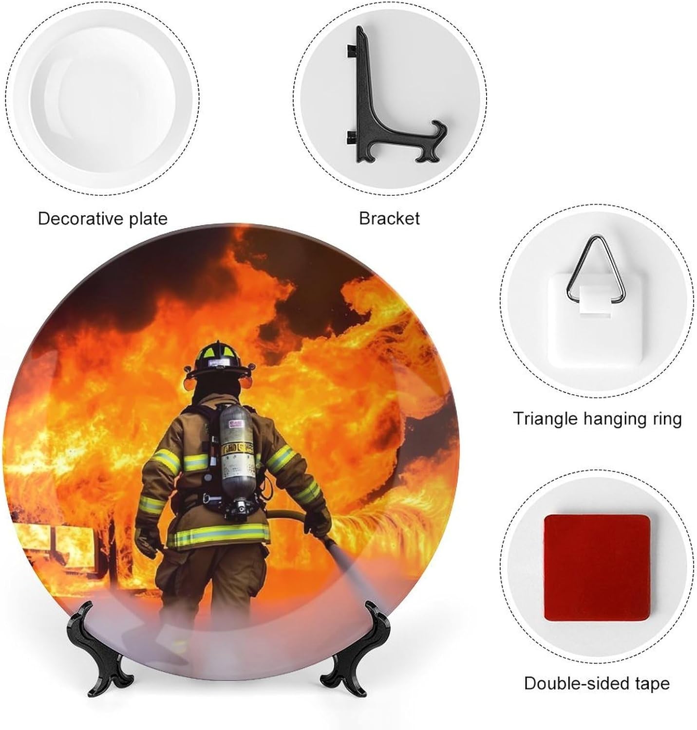 Firefighter Fireman Flame Decorative Ceramic Plate Personalized Bone China Decorative Plate Round Porcelain Plates with Display Stand Cabinet Display Plates for Home Decor 10inch