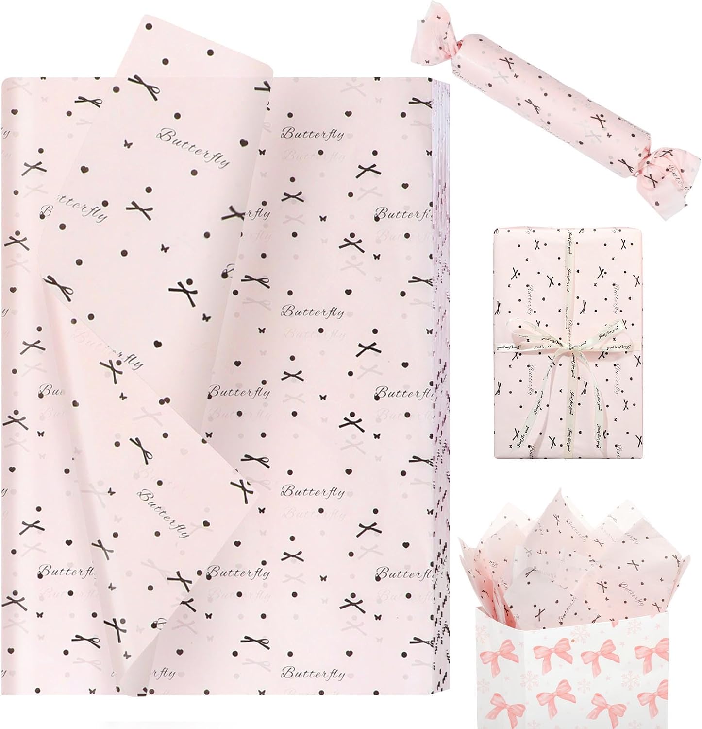 60 Sheets Pink Bow Tissue Paper, AIS1 14'' X 20'' Pink Bow Glitter Gift Wrapping Tissue Art Paper Baby Shower Diy Crafts Birthday Wedding Party Suppl