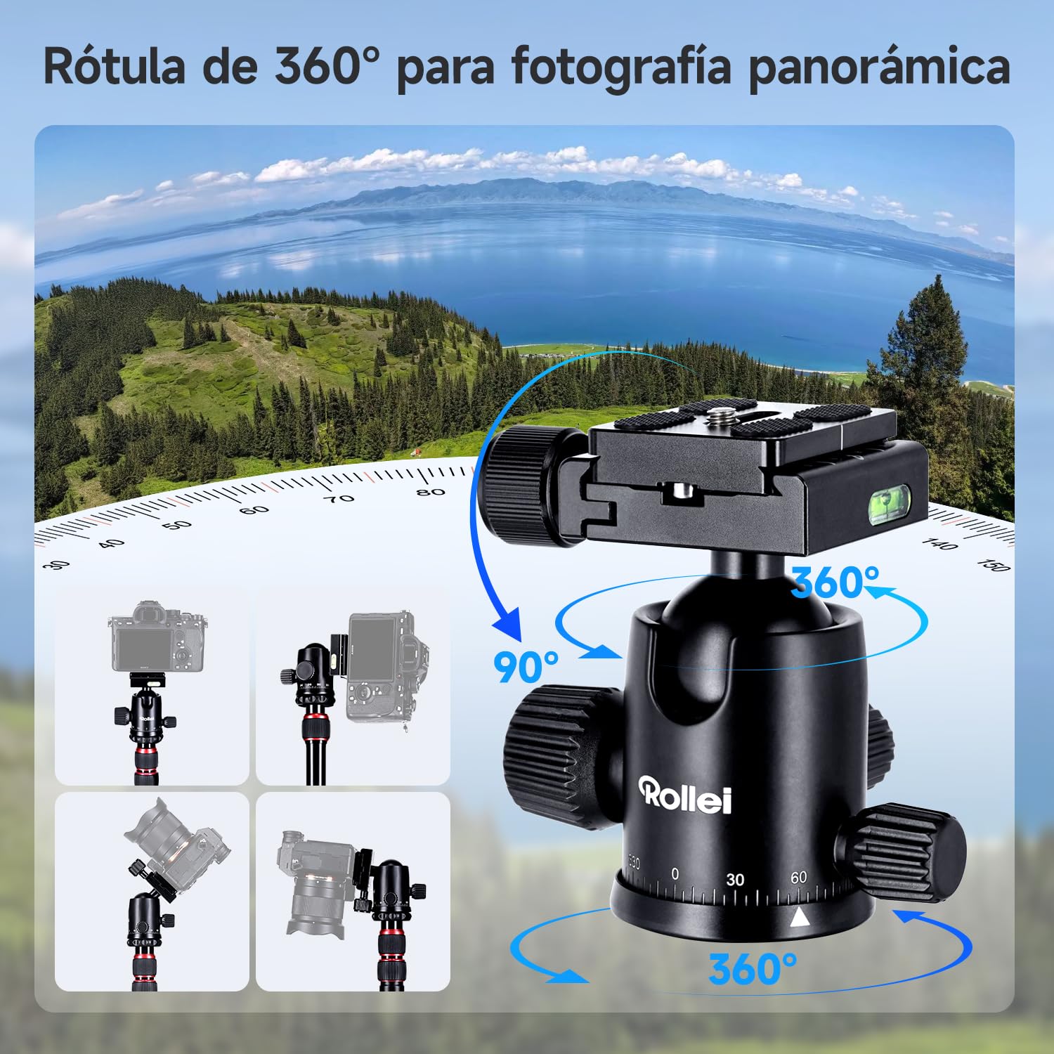Rollei Tripode Camara 213cm con Brazo Extensible de Aluminio | Trípode Compact Traveler No.2 XL Photo con Rótula de 360° y Función de Monopié 5kg Carga Tripod con Soporte para Móvil