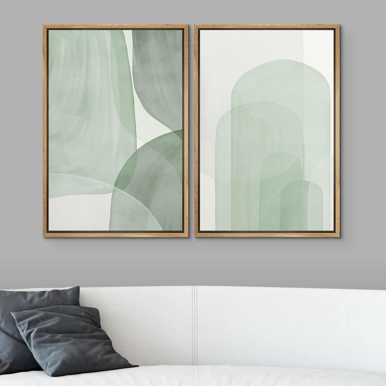 SIGNWIN Framed Canvas Print Wall Art Set Pastel Watercolor Green Polygon Collage Abstract Shapes Illustrations Modern Art Minimal Boho Colorful for Living Room, Bedroom, Office - 24"x36"x2 Natural
