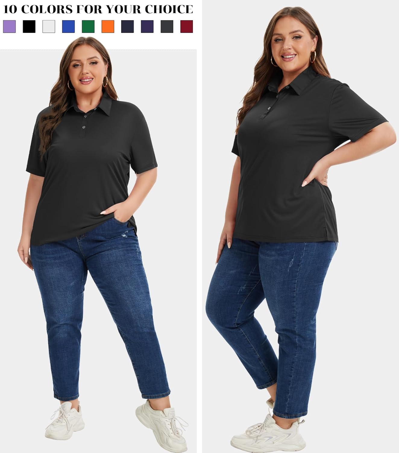 Idtswch Women's Plus Size Polo Shirts UPF 50+ Casual Work Quick Dry 3 Buttons Short Sleeve Collared Golf Shirt (XL-6XL) Black 5XL - Image 6