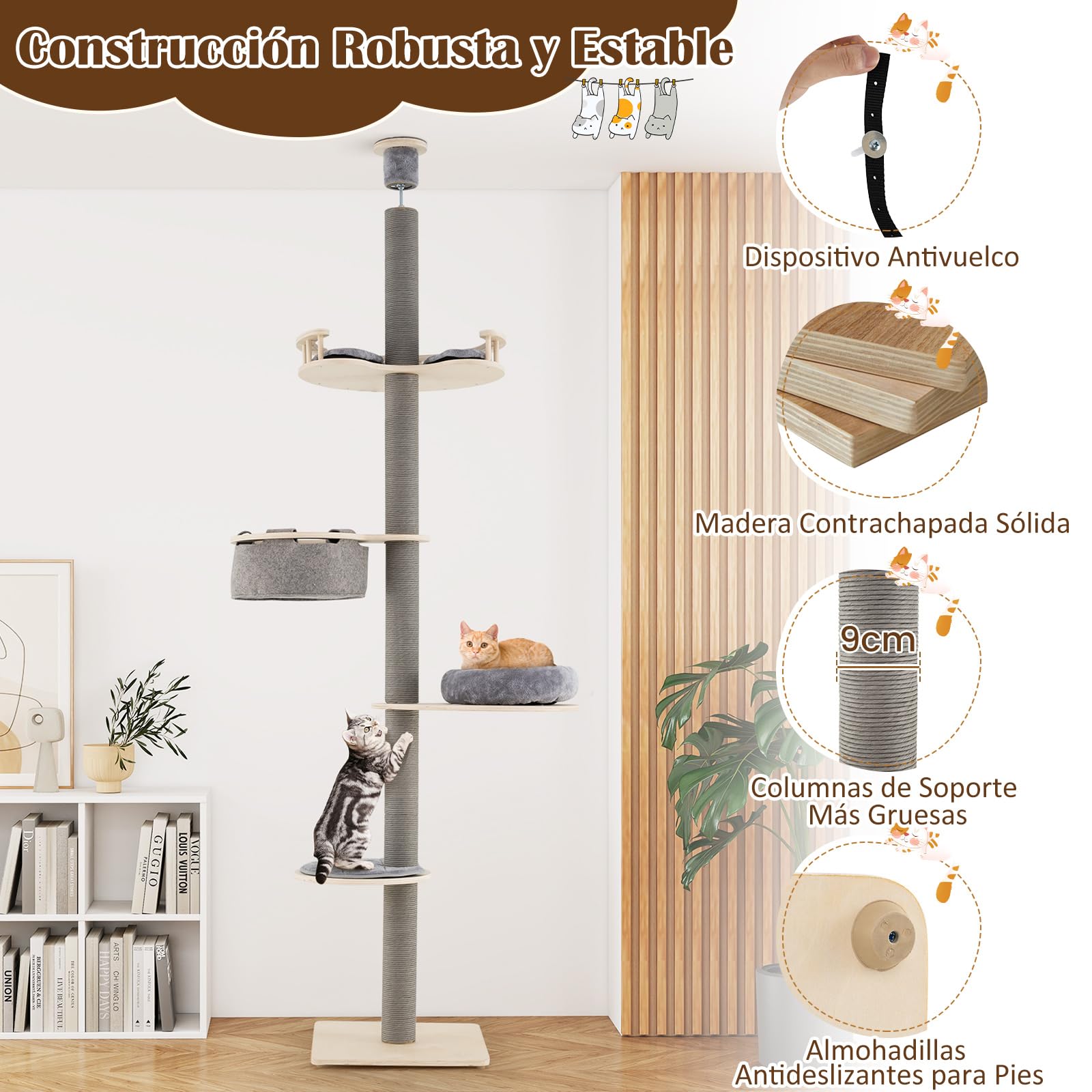 COSTWAY Árbol para Gatos del Suelo al Techo, Torre de Gatos de 5 Niveles Ajustable de 236-271 cm con 3 Plataformas y Hamaca, Base 48x48 cm, Postes Rascadores, Ideal para Gatitos, Gris