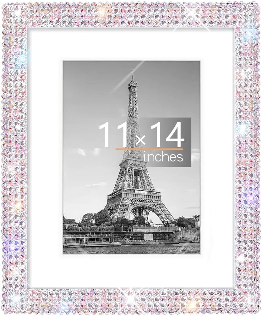 11x14 Bling Picture Frame, Display Pictures 8x10 with Mat or 11x14 Without Mat, Wall Hanging Glitter Shiny Crystal Photo Frame With Sparkle Rhinestones, Horizontally or Vertically 1 Pack