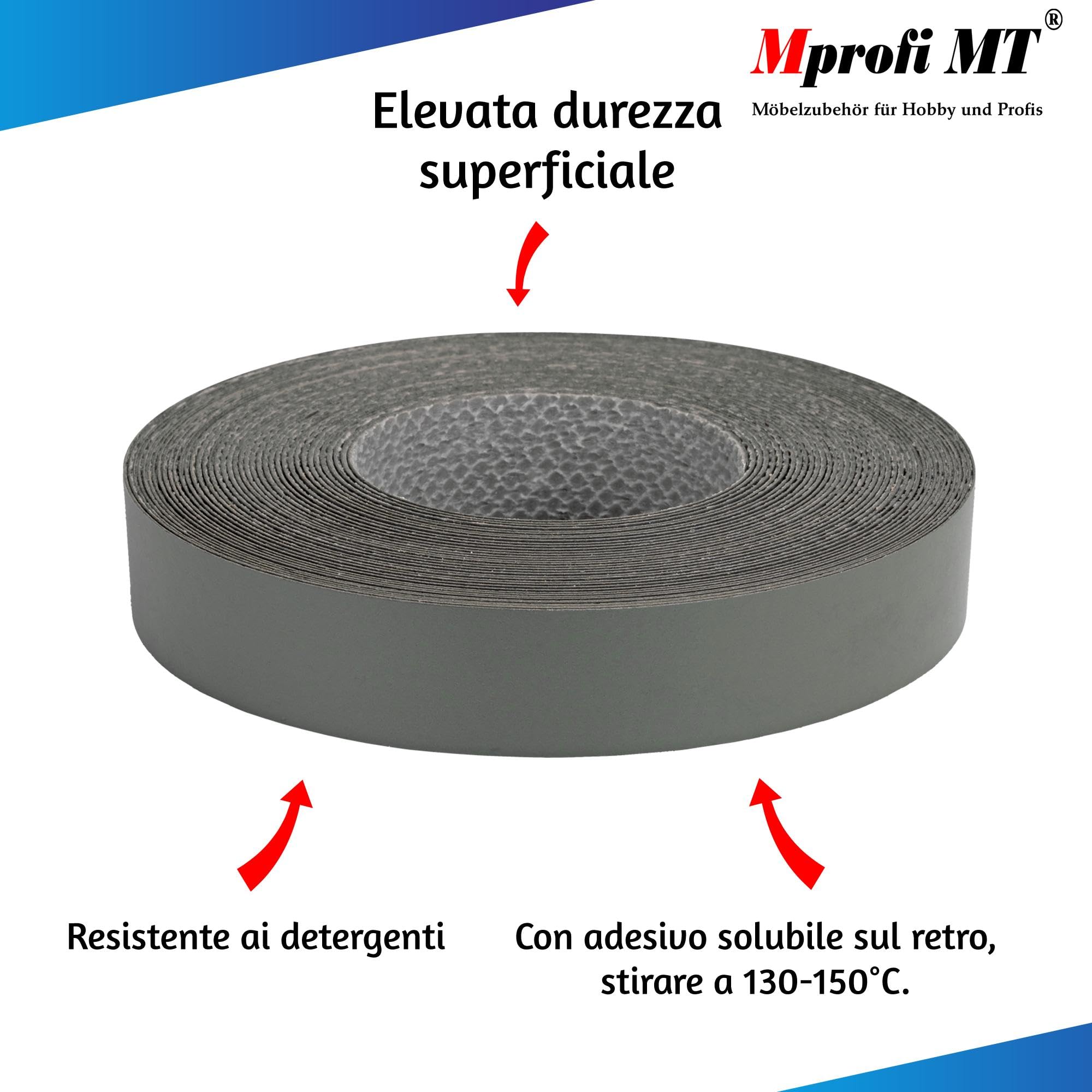 Mprofi MT® - Bordo Effetto Antracite | 22mm x 5m | Facile da Applicare | Bordo Cucina in Melaminico | Per Scaffali, Mobili e Pannelli | Termoadesivo Durevole | Spessore 0,50mm