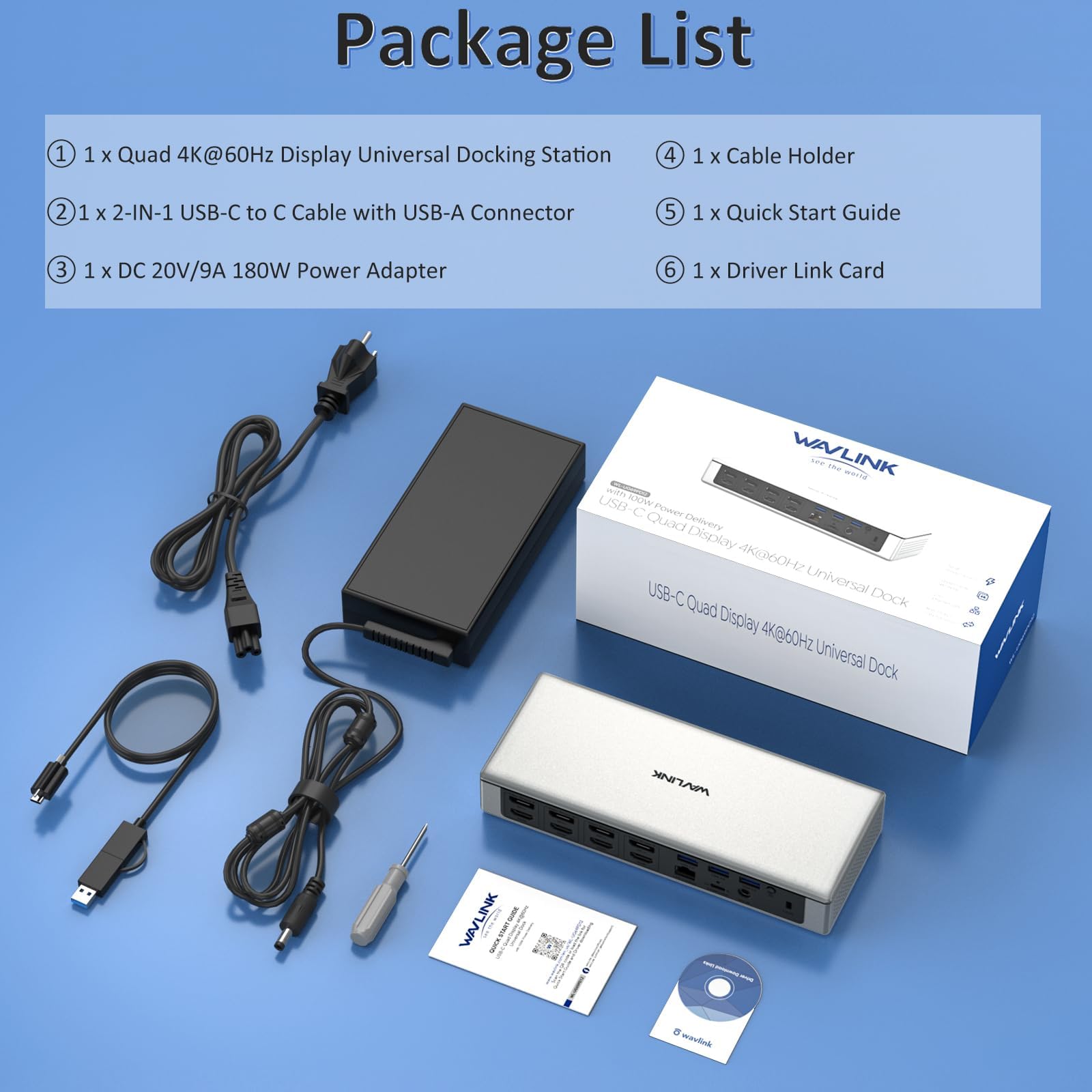 WAVLINK Dock USB C Quad Display 5K 4K@60Hz, Station d'accueil USB A pour MacBook Neo/Thunderbolt 3/4, Windows/Mac M1/2,4 HDMI,4 DP,2.5G RJ45,Alimentation AC180W,Transfert de données 10Gbps,SD/TF,Audio