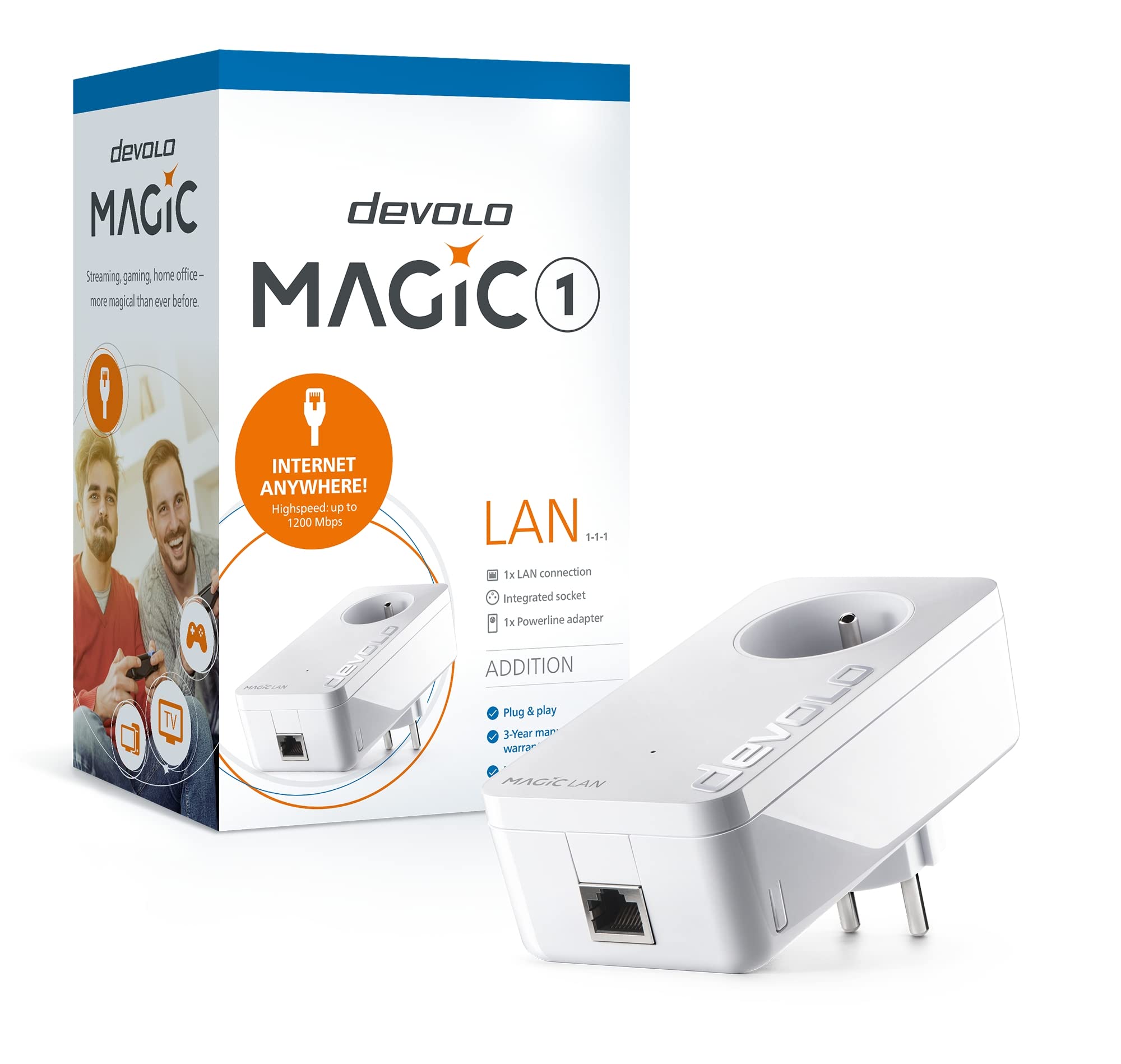 devolo Magic 1 LAN, Adaptateur CPL - jusqu'à 1.200 Mbits/s, 1x Port Ethernet Gigabit, Prise integrée, Blanc