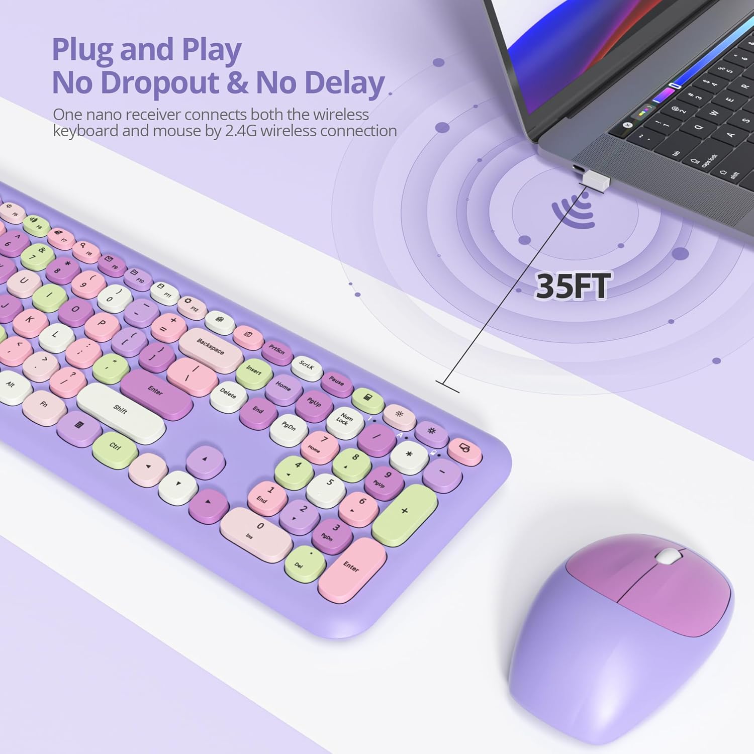 Typewriter Wireless Keyboard and Mouse Combo,2.4G Office 104 Keys Full Size Retro Punk,Cute Purple Silent with Round Keycaps for Laptop PC Desktops (Purple Mix)