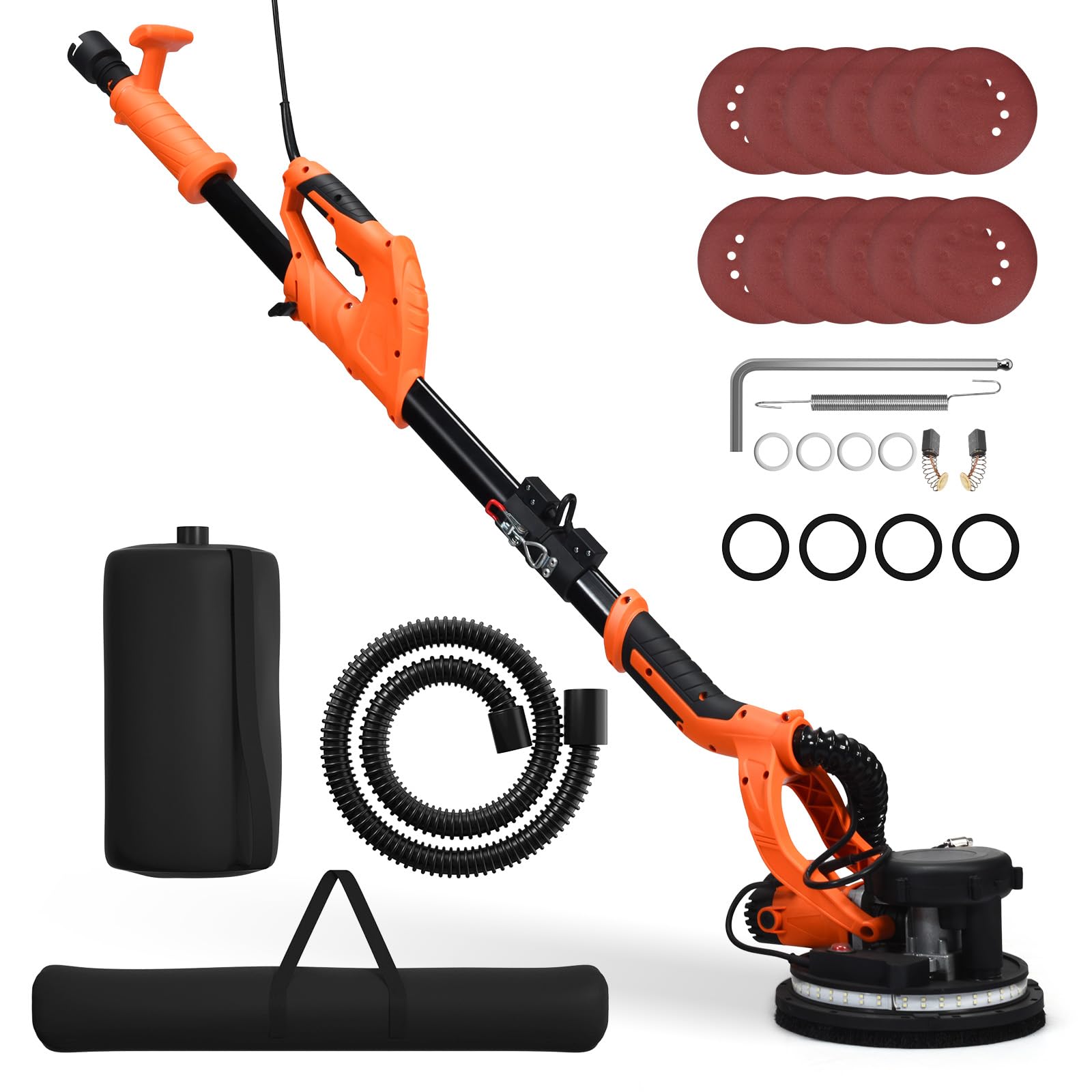 GOPLUS Ponceuse Girafe Aspirante 750W, Ø225mm, Lumières LED, 6 Vitesse, 800-1500 tr/m, Ponceuse Mur et Plafond Électrique Pliable avec Manche Télescopique, 12 Disques Abrasifs 80-240, Sac de Transport