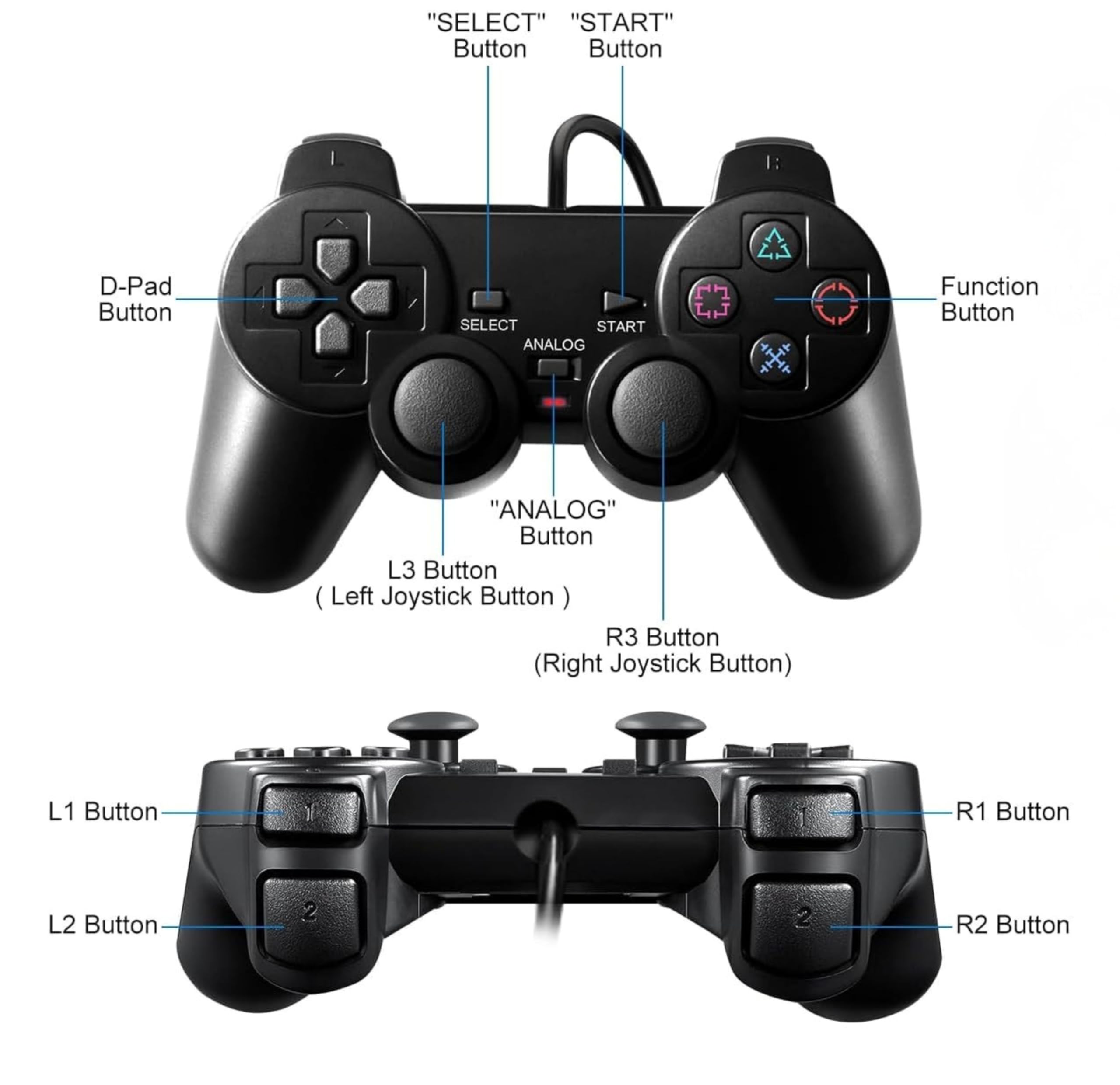 FLLAGG20 | 2X Manette filaire Compatible avec PS2, noir | Compatible PS2, PS1, PSX | Double vibration, boutons analogiques, prise en main ergonomique | Expérience de jeu Joystick Controller