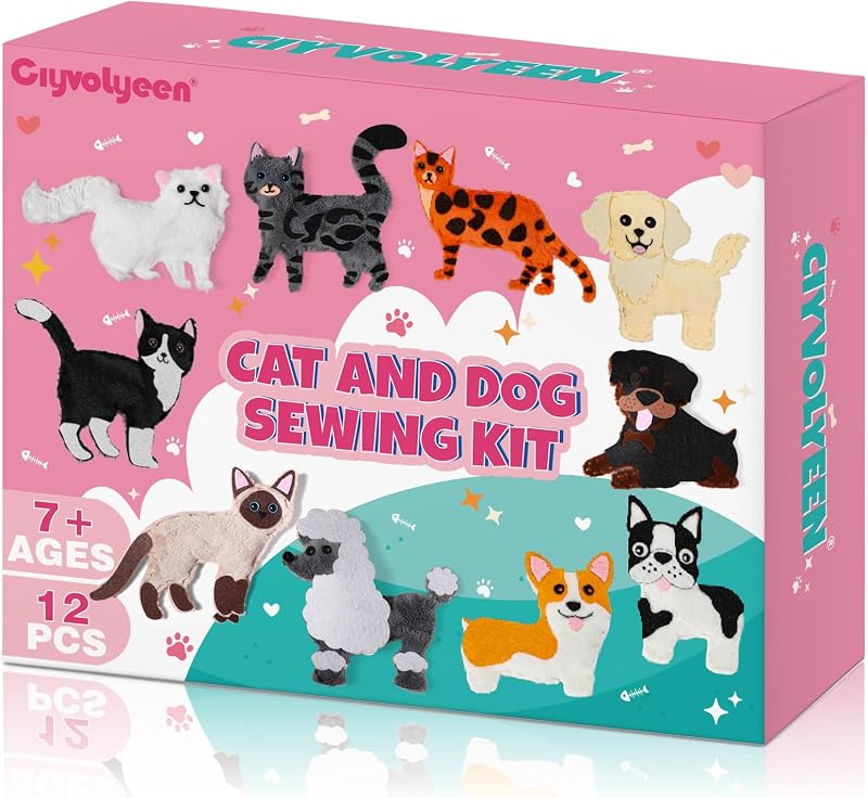 CiyvoLyeen Kit de costura para niños principiantes Artes y manualidades, 12 proyectos sencillos de bricolaje de costura de peluche, juguetes de animales para cachorros y gatitos, juguete de regalo para niñas y niños que aprenden a coser de 6, 7, 8, 9, 10, 11 y 12 años