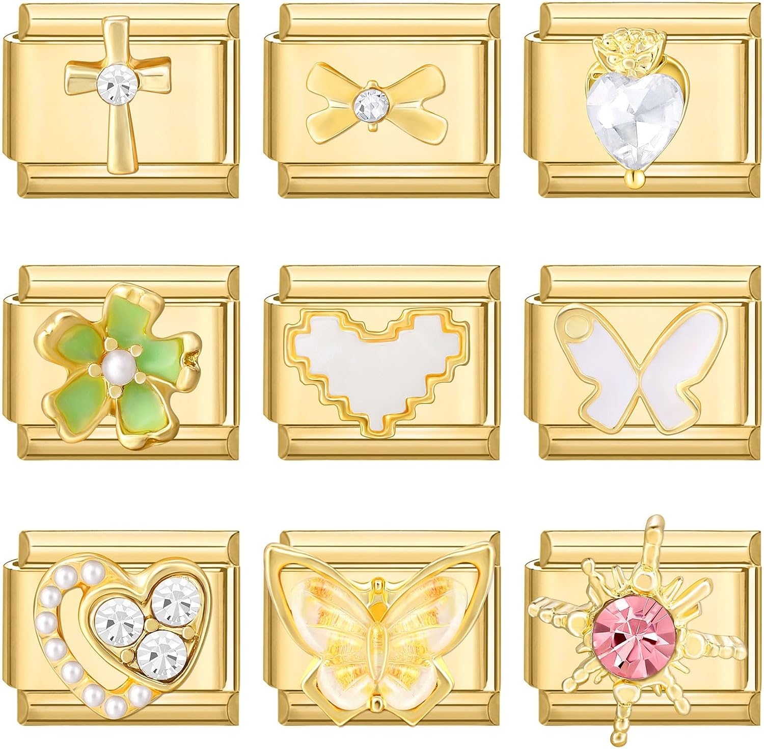 Italian Charms Rhinestone Gold Only Charm, 8Pcs Cross Butterfly 9mm Italian Modular Charm Bracelet Link Handmade DIY Module Jewelry Gifts