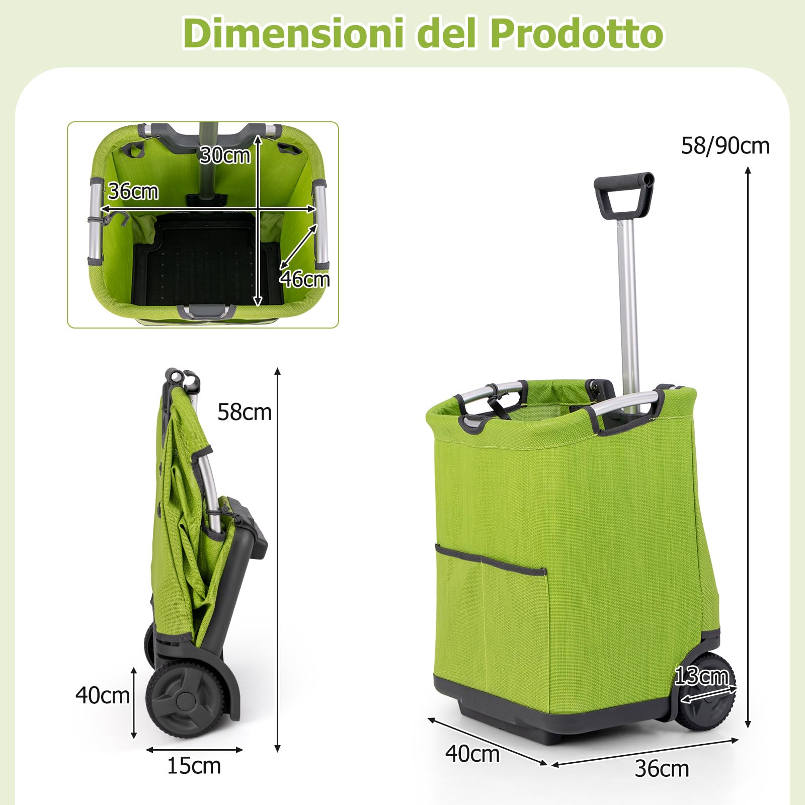 COSTWAY Carrello Spesa Pieghevole in Alluminio, Trolley Spesa con Ruote, Tasche Multiple e Manico Telescopico Regolabile, Capacità 50L, Caricabile fino a 35 kg (Verde)