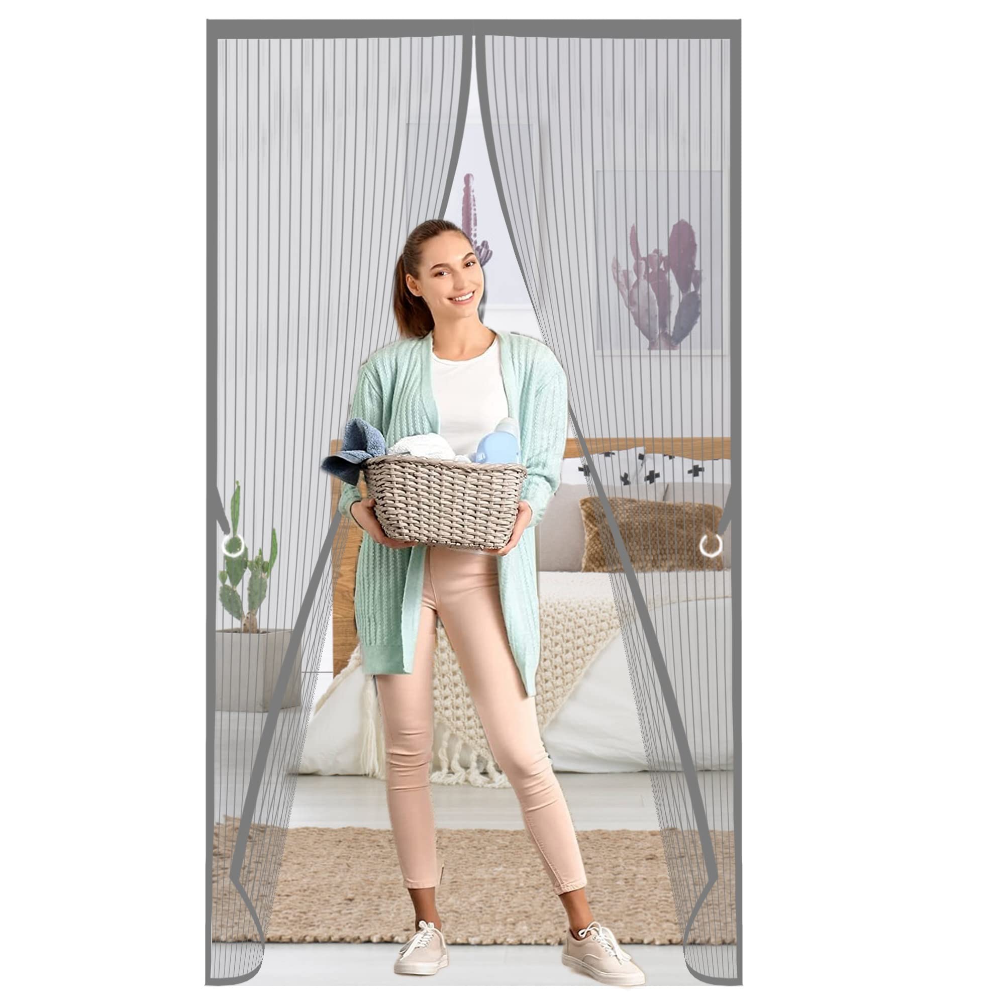 Weizero Grey Fly Screens Doors Nets, 145 X 200 Cm Heavy Duty Anti Mosquito Mesh Fly Curtain Nets, Shuts Automatically Patio Insect Door Screen For Patio Door, Sliding Door, Double Door, French Door,
