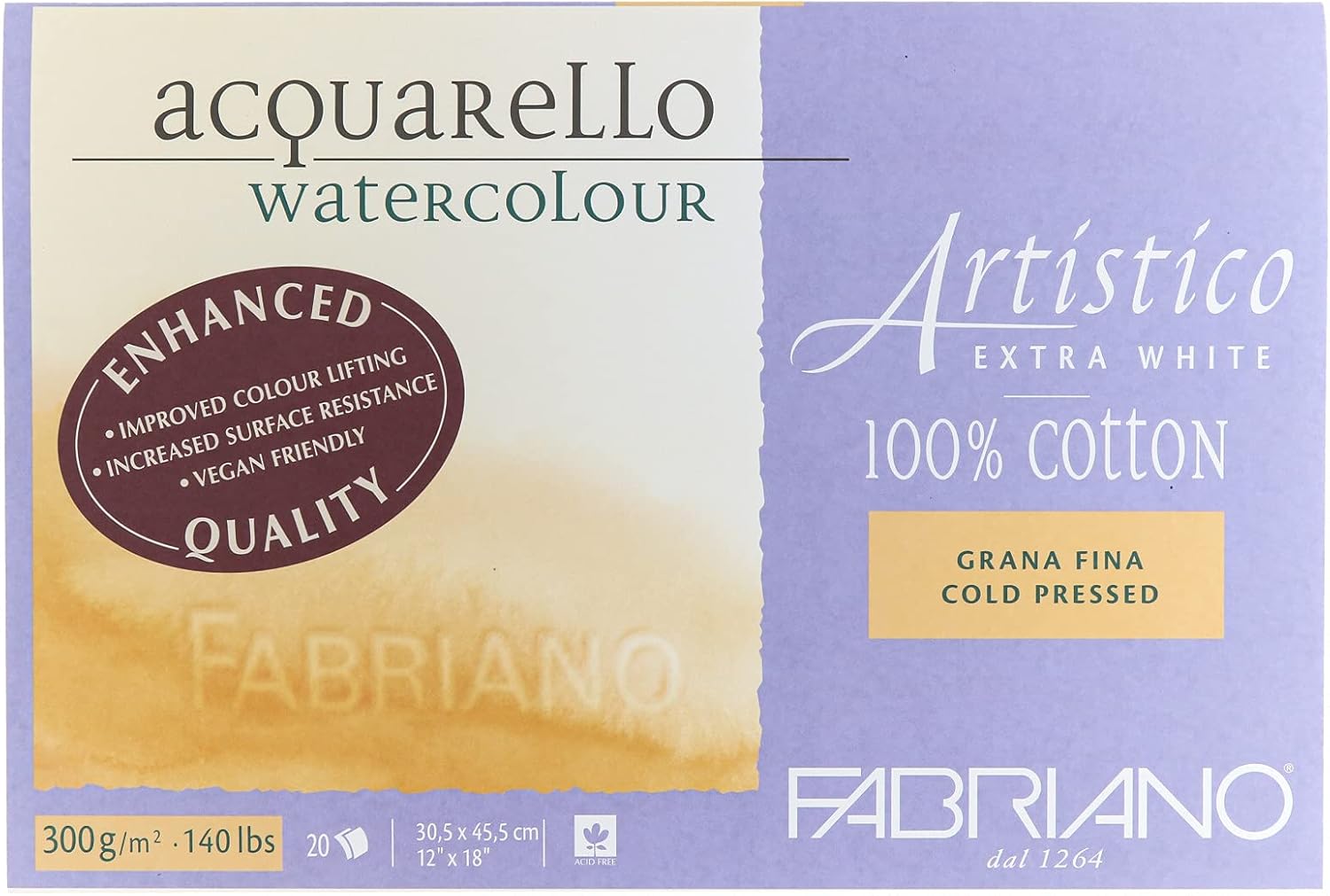 Fabriano Artistico Extra White Watercolor Block, 140 lb./300 GSM, Cold Press, 20 Sheets, 12" x 16"